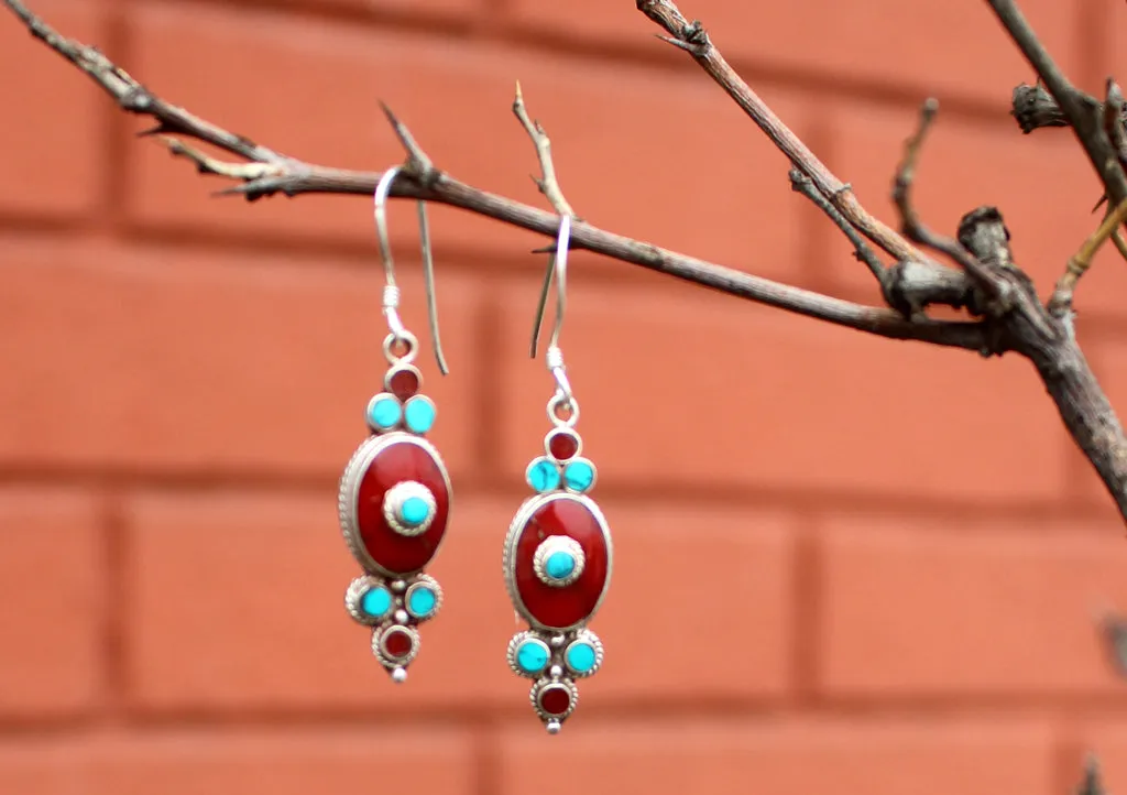 Floral Inlaid Turquoise and Coral Dangle Silver Earrings
