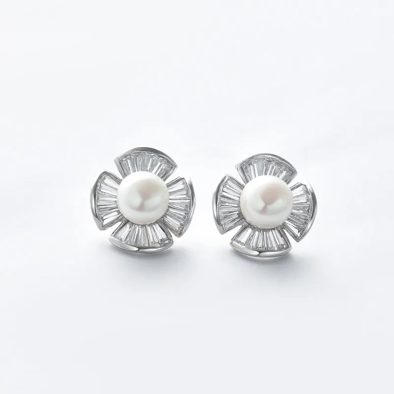 Freshwater Pearl with Zircon Petal Silver Stud Earrings for Women