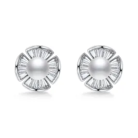 Freshwater Pearl with Zircon Petal Silver Stud Earrings for Women