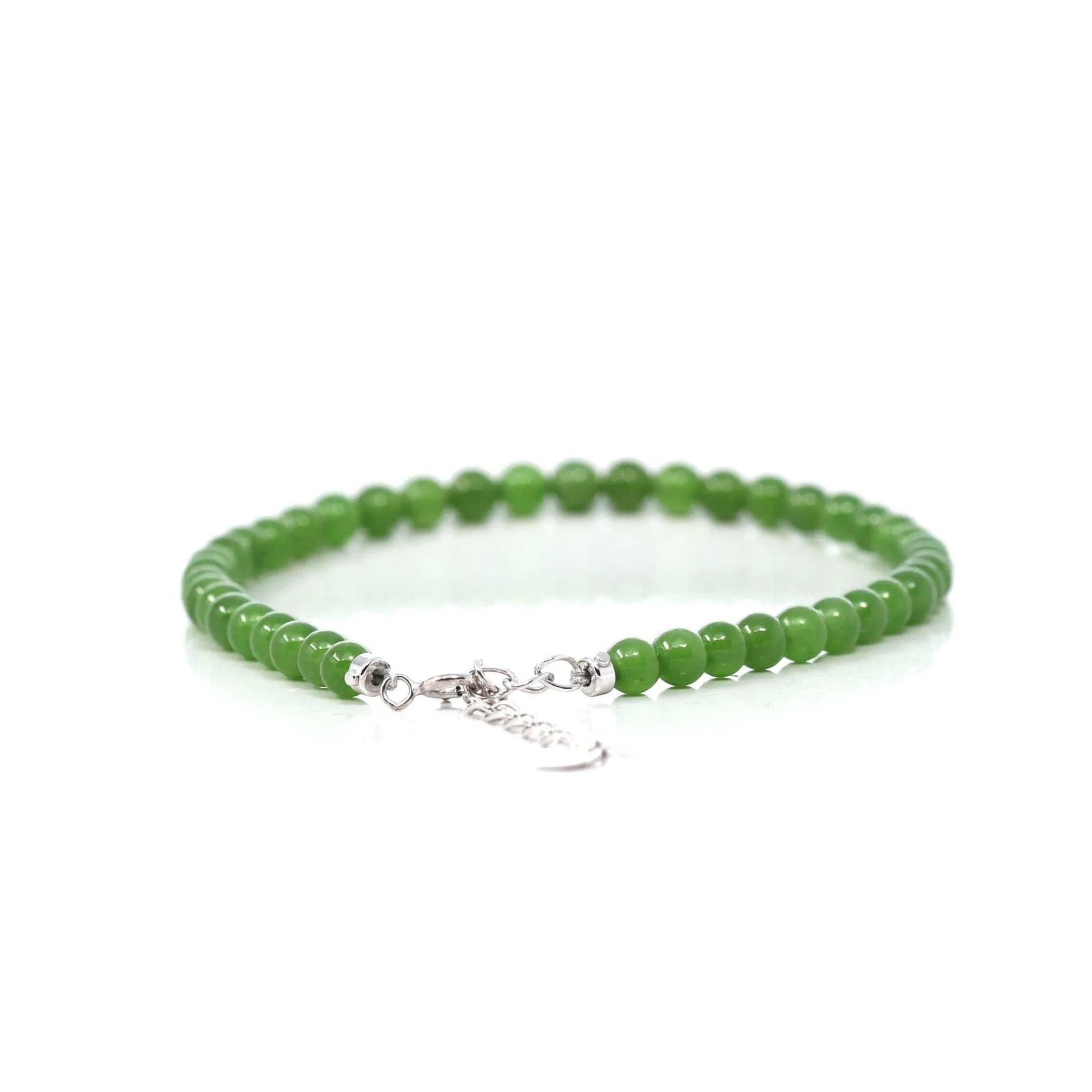 Genuine High Green Jade Round Beads Bracelet Bangle with 18k White Gold Jump Ring( 4 mm )