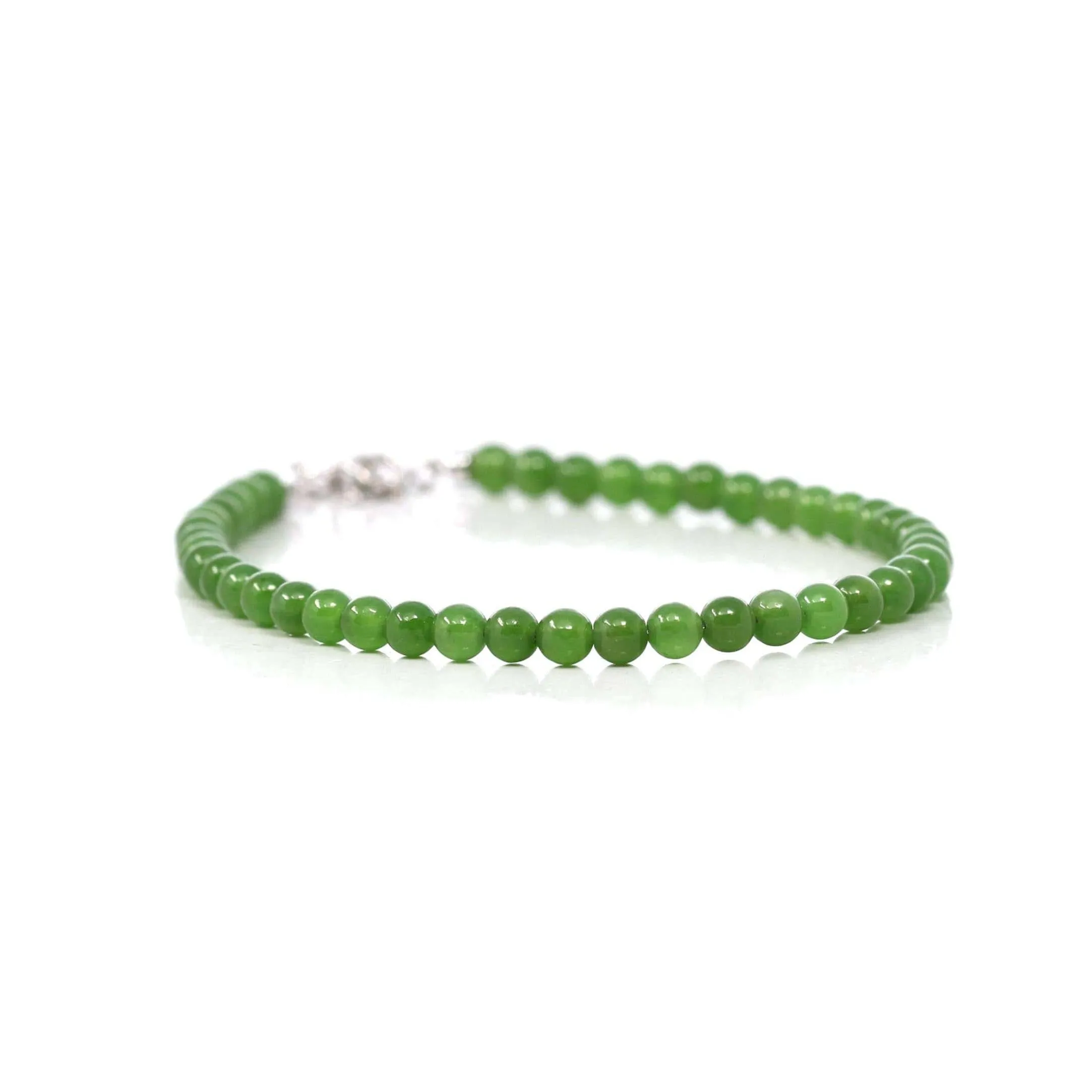 Genuine High Green Jade Round Beads Bracelet Bangle with 18k White Gold Jump Ring( 4 mm )