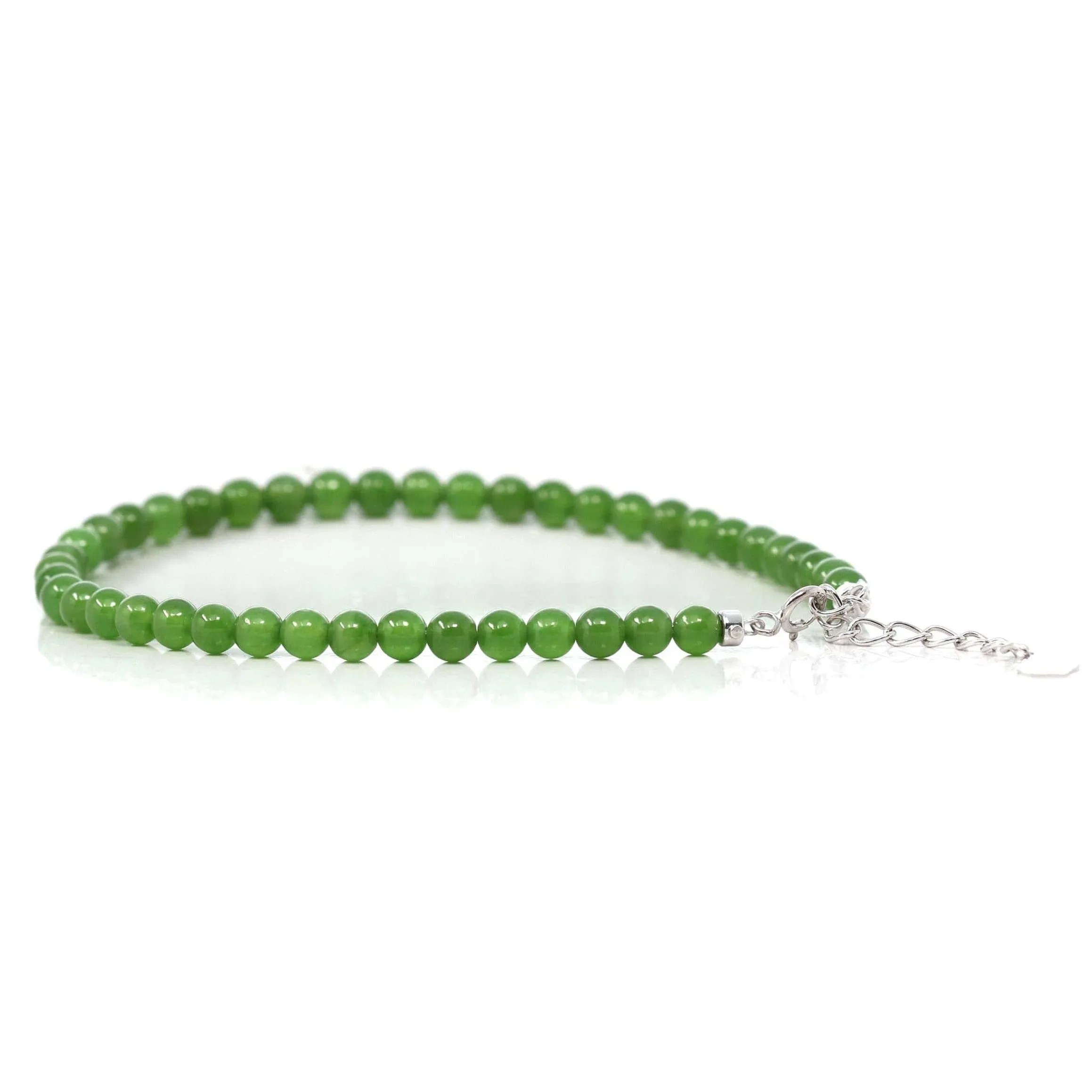 Genuine High Green Jade Round Beads Bracelet Bangle with 18k White Gold Jump Ring( 4 mm )