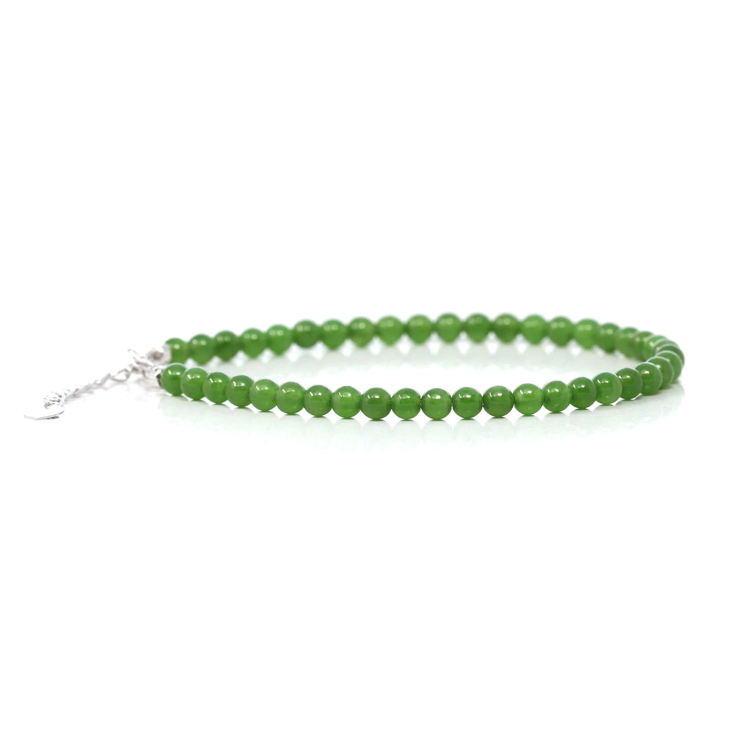 Genuine High Green Jade Round Beads Bracelet Bangle with 18k White Gold Jump Ring( 4 mm )