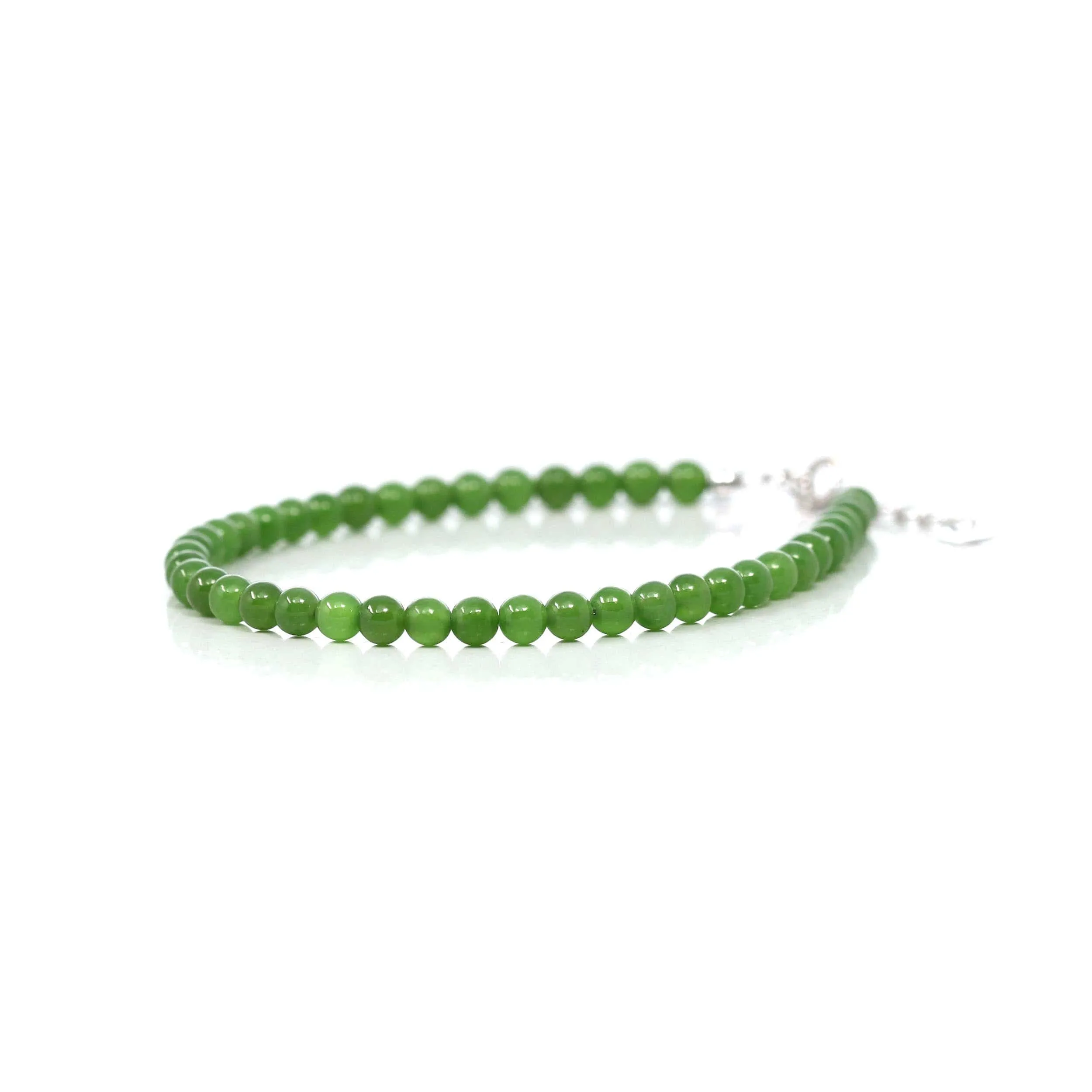 Genuine High Green Jade Round Beads Bracelet Bangle with 18k White Gold Jump Ring( 4 mm )