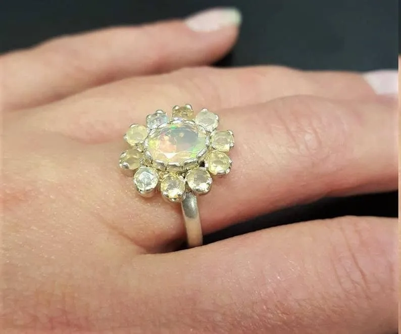 Genuine Opal Ring - Victorian Flower Ring - Vintage Statement Ring