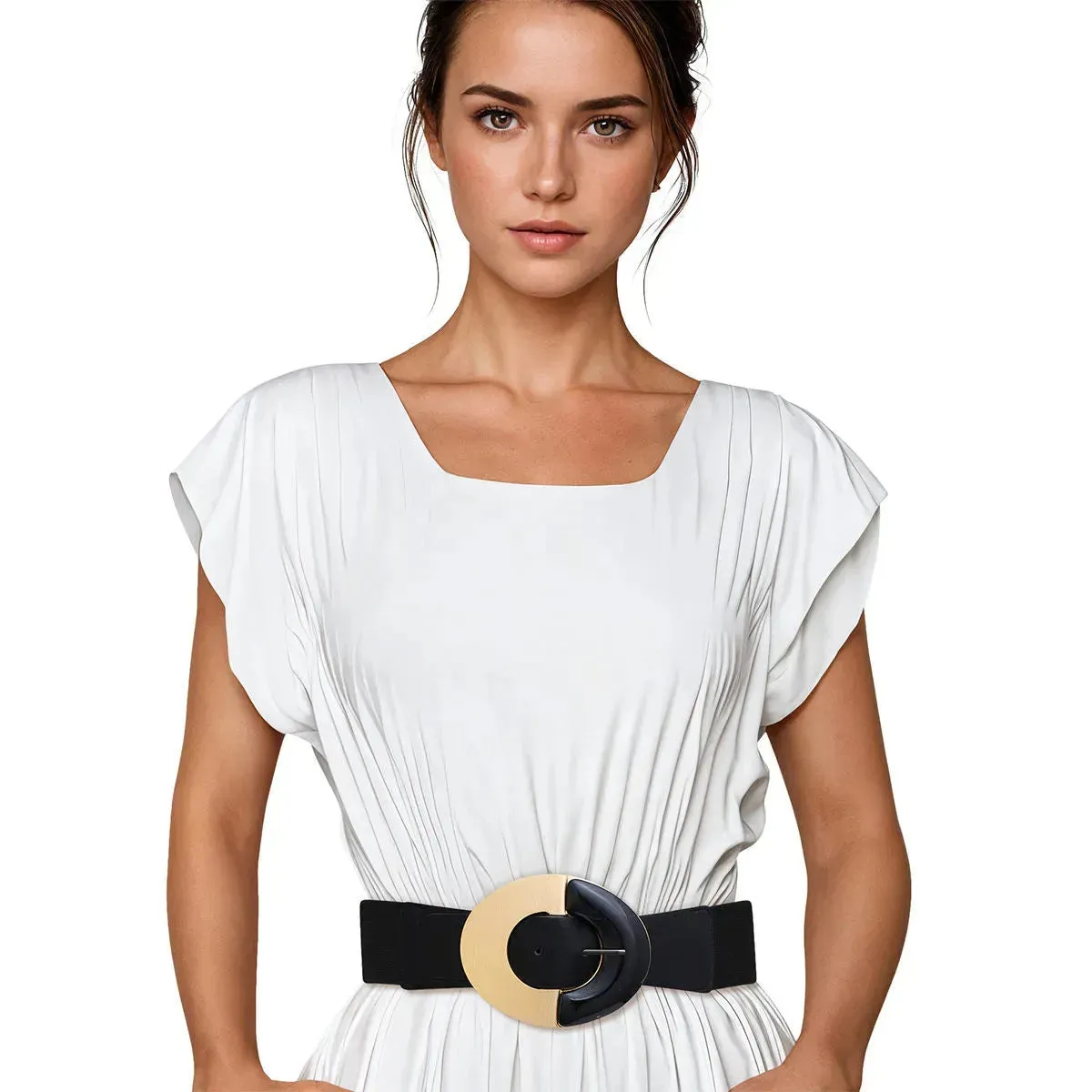 Gold and Marble Design Oval Buckle Black Belt for Ladies - Stylish Accessory
