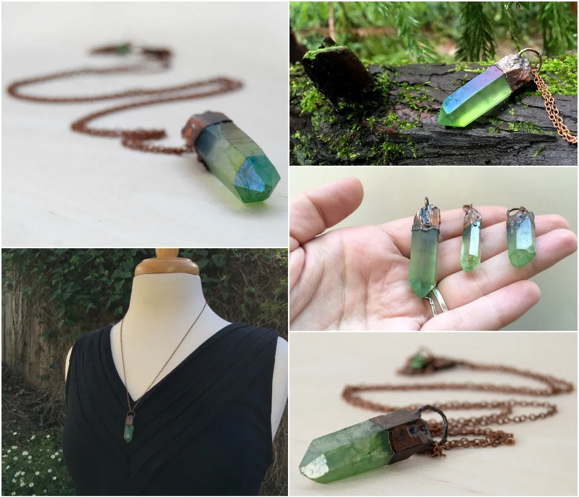 Green Forest Aura Crystal Necklace | Electroformed Crystal Necklace | Green Quartz Pendant