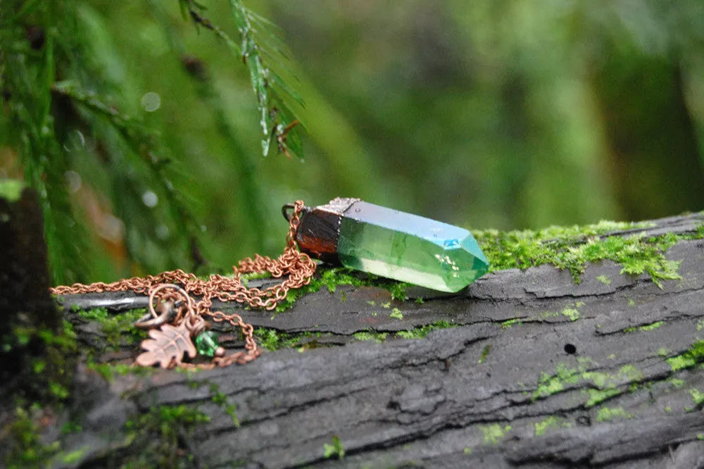 Green Forest Aura Crystal Necklace | Electroformed Crystal Necklace | Green Quartz Pendant