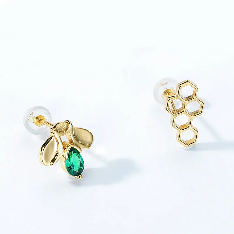 Green Zircon Bee Honeycomb Asymmetric Sterling Silver Stud Earrings