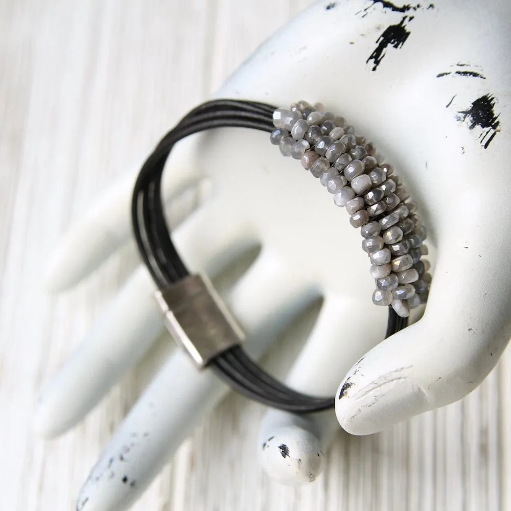 Grey Moonstone Hand Stitched Leather Cuff