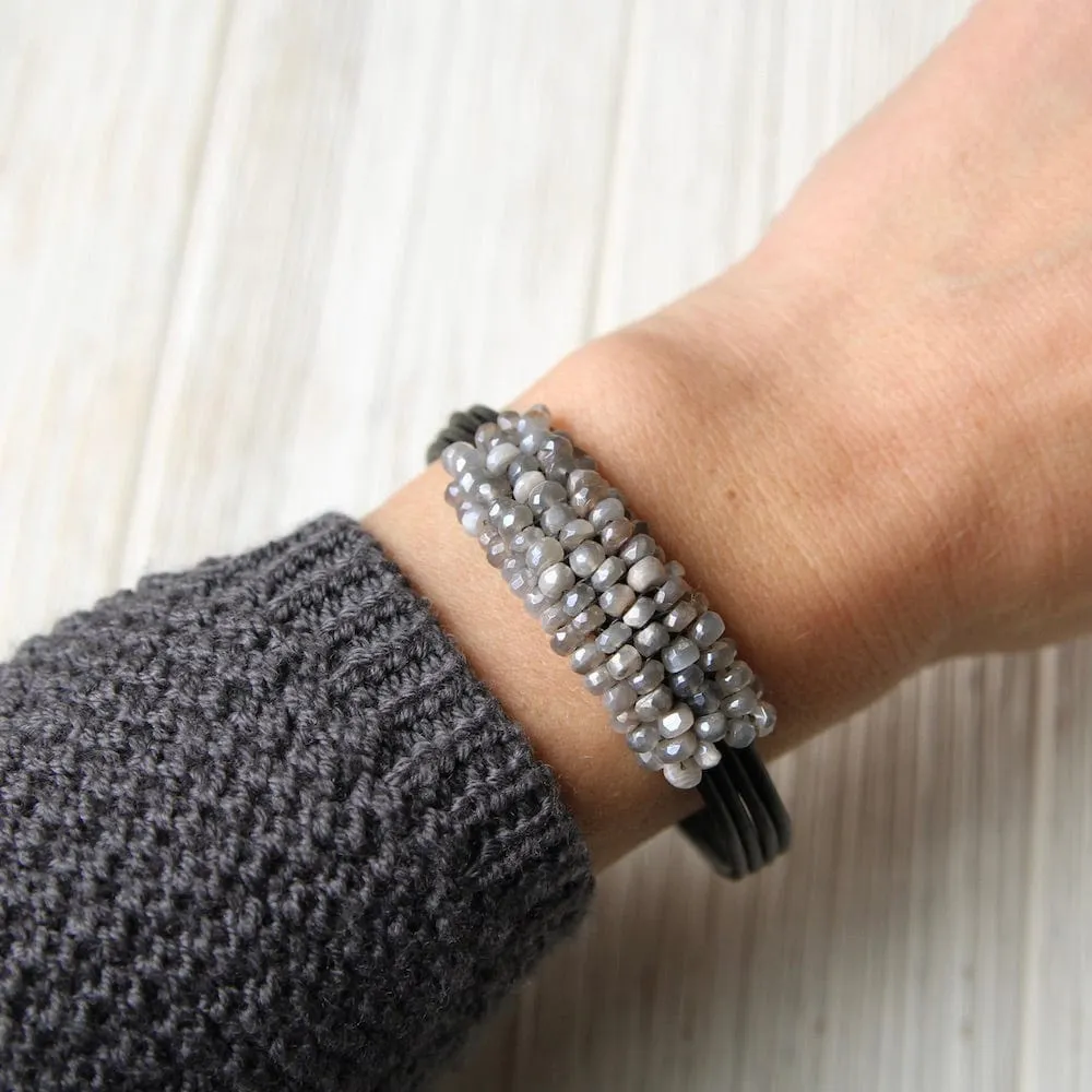 Grey Moonstone Hand Stitched Leather Cuff