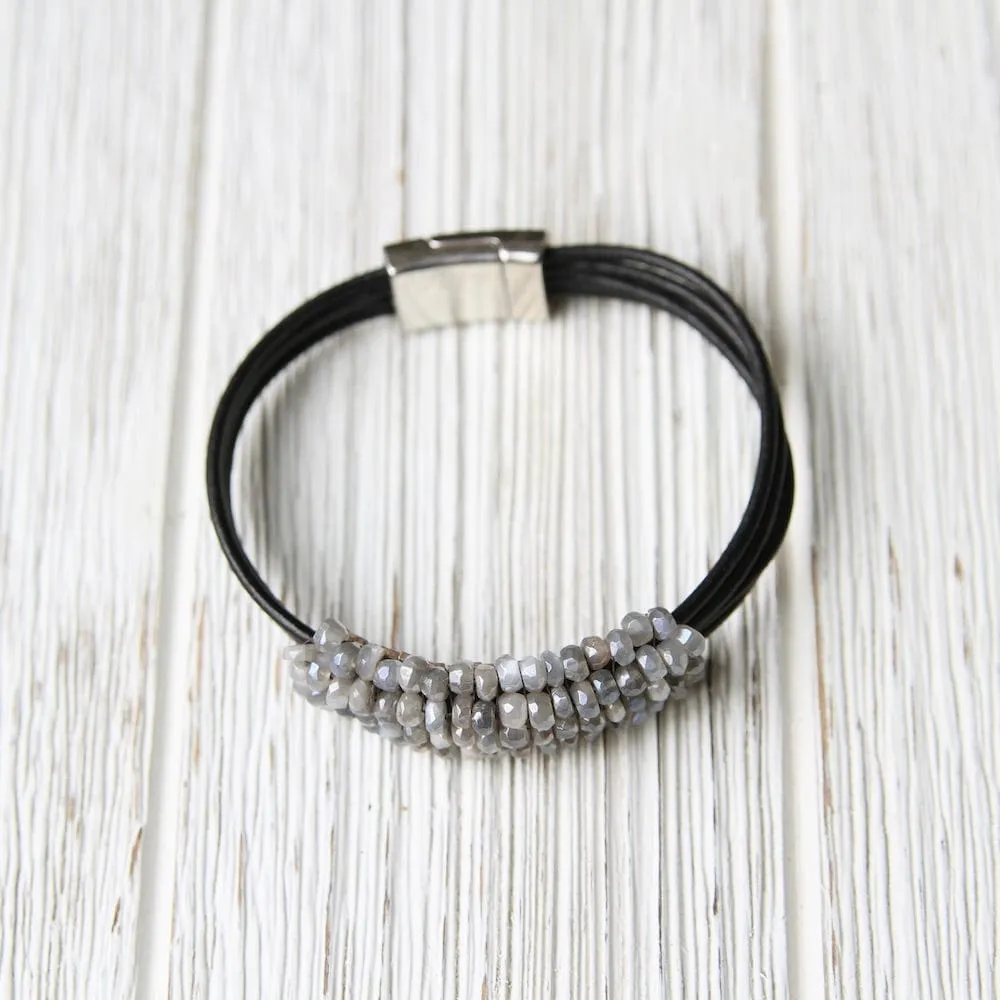Grey Moonstone Hand Stitched Leather Cuff