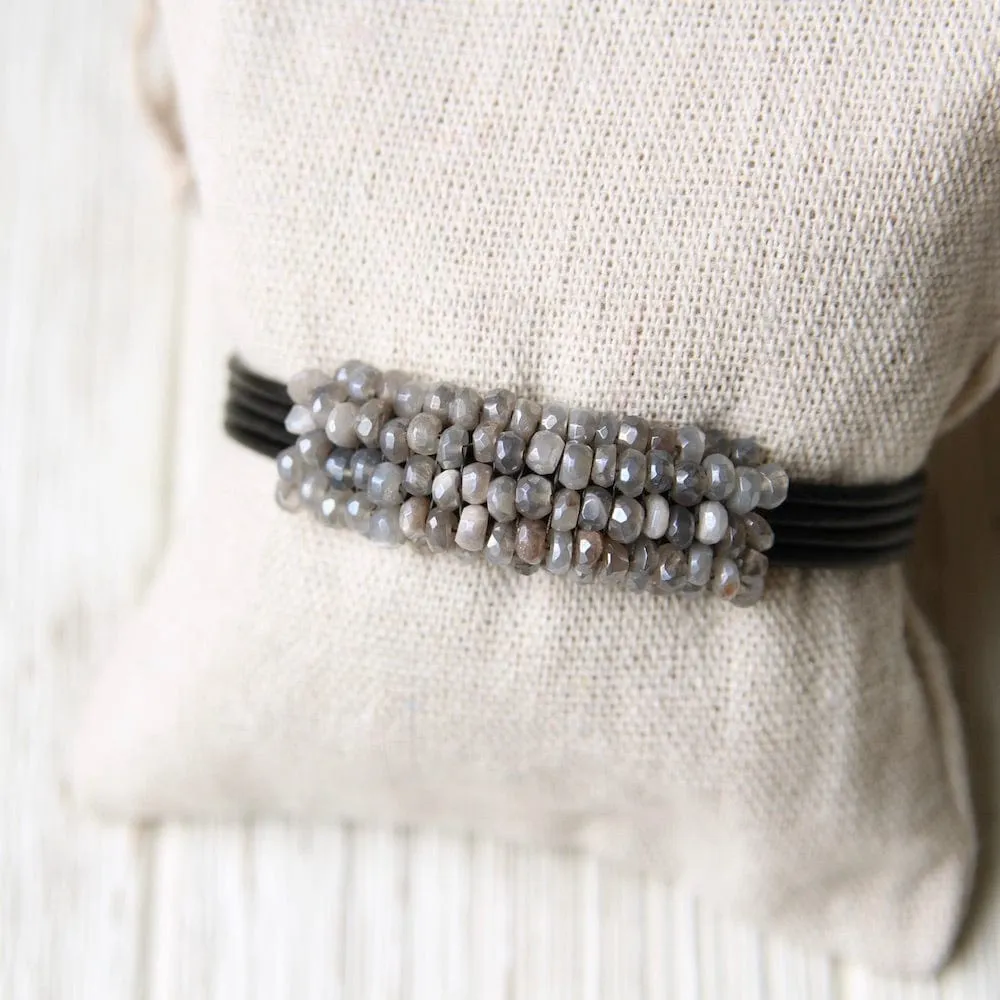 Grey Moonstone Hand Stitched Leather Cuff
