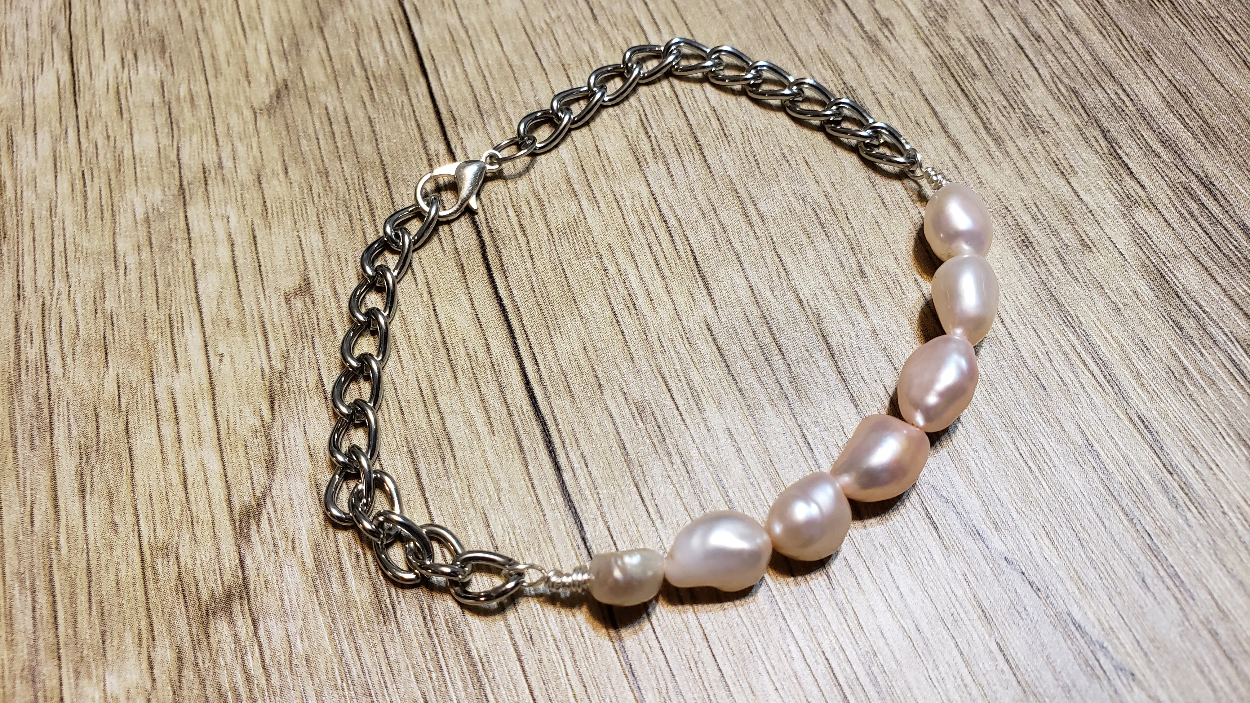 Hand Crafted All Natural Pink Pearls & Chain Bracelet. Adjustable to 8.5" with Lobster Claw Clasp