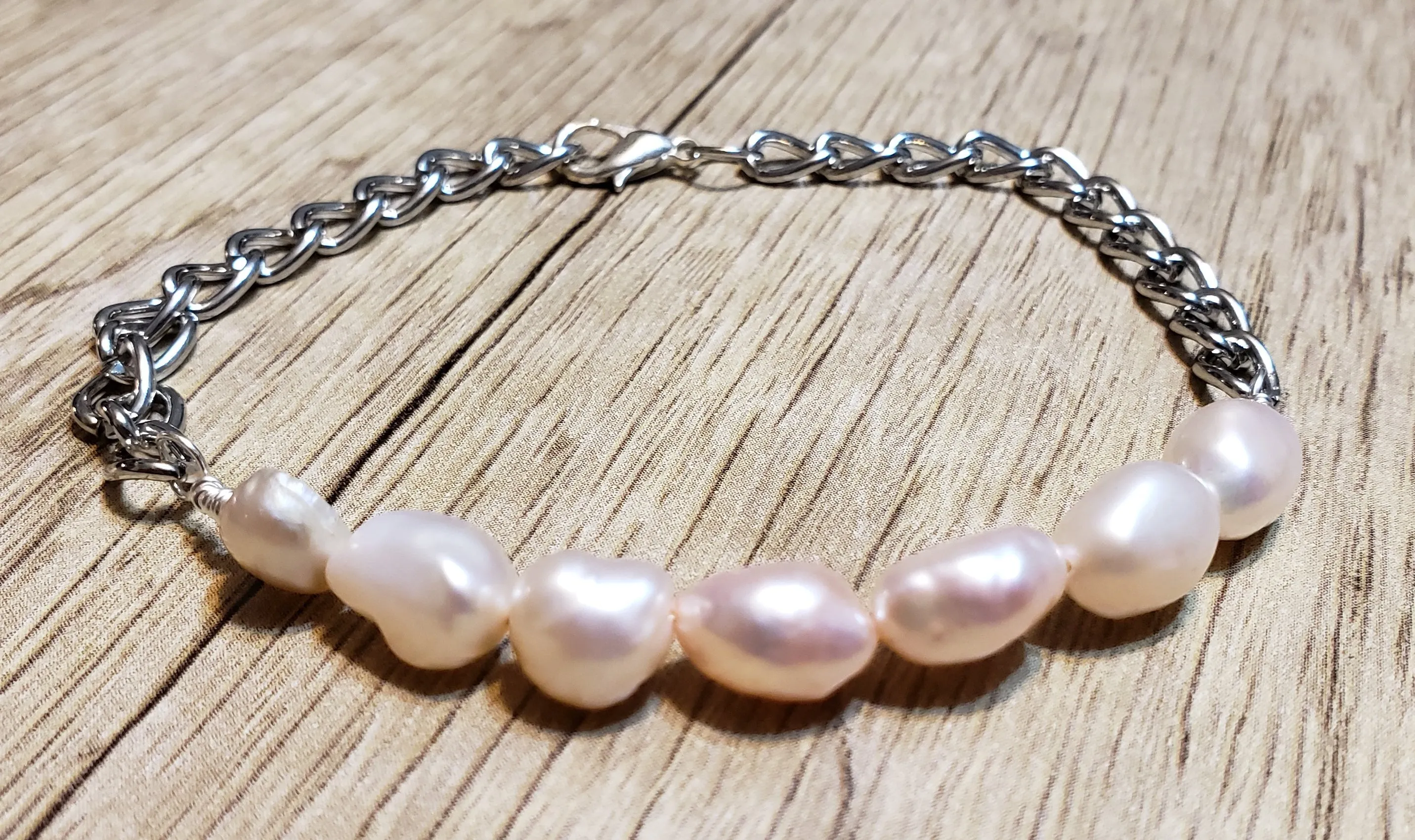 Hand Crafted All Natural Pink Pearls & Chain Bracelet. Adjustable to 8.5" with Lobster Claw Clasp