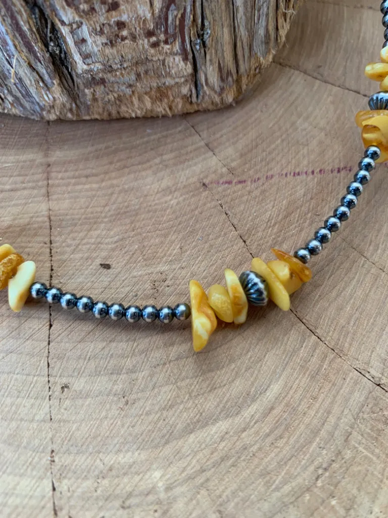 Handmade Sterling Silver Beads & Natural Yellow Amber  Necklace