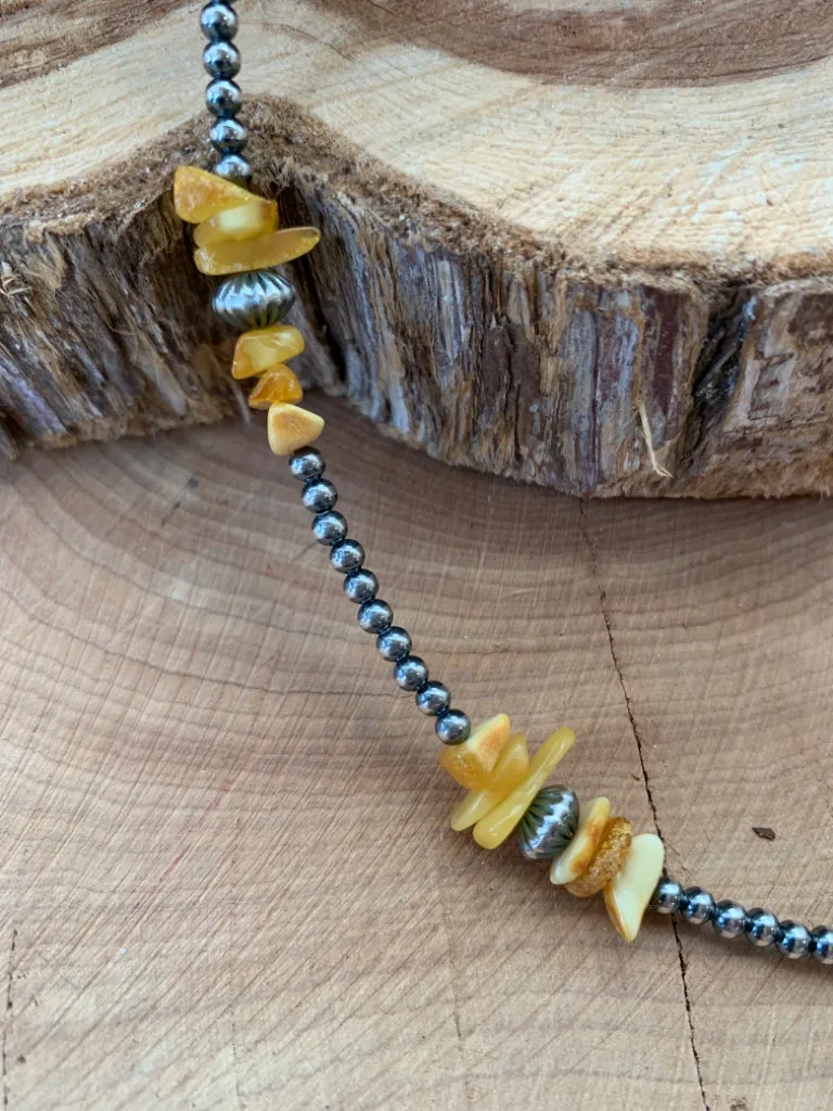 Handmade Sterling Silver Beads & Natural Yellow Amber  Necklace
