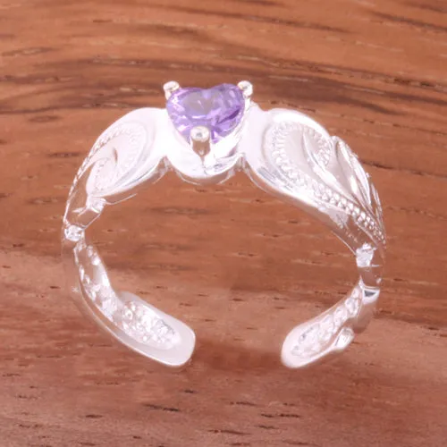 Hawaiian Scroll with Purple Heart CZ Cut Out Edge Toe Ring