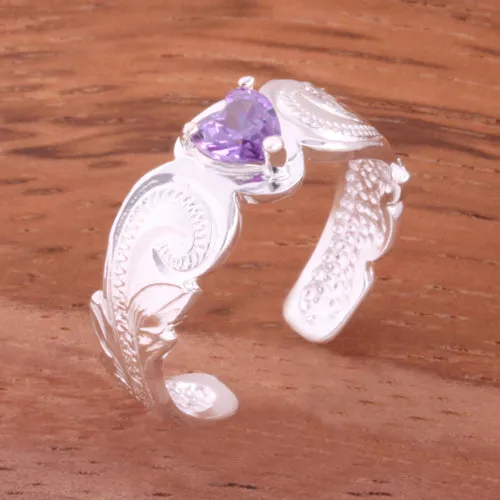 Hawaiian Scroll with Purple Heart CZ Cut Out Edge Toe Ring