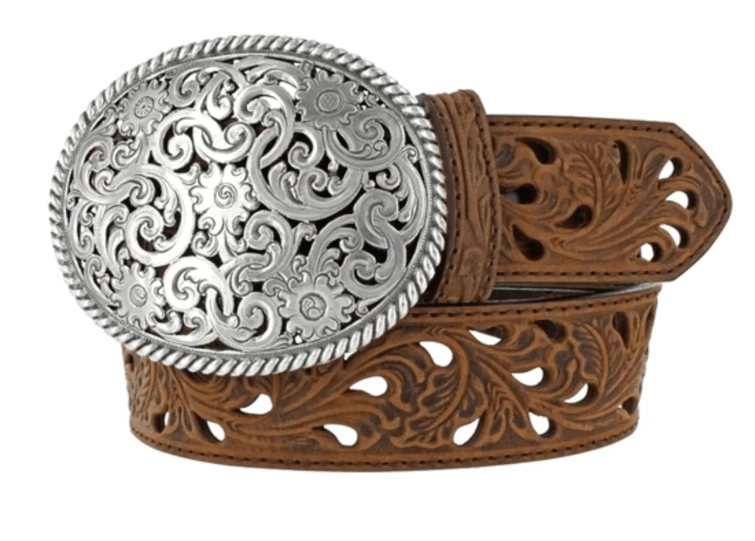 Justin Women's Pierced Filigree Trophy Buckle Leather Belt C50029