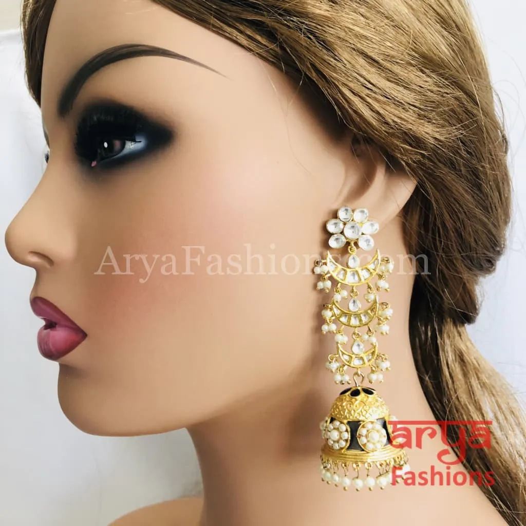 Kundan Long Jhumka Earrings/Black Meenakari/Kundan Jhumka/Party Earrings