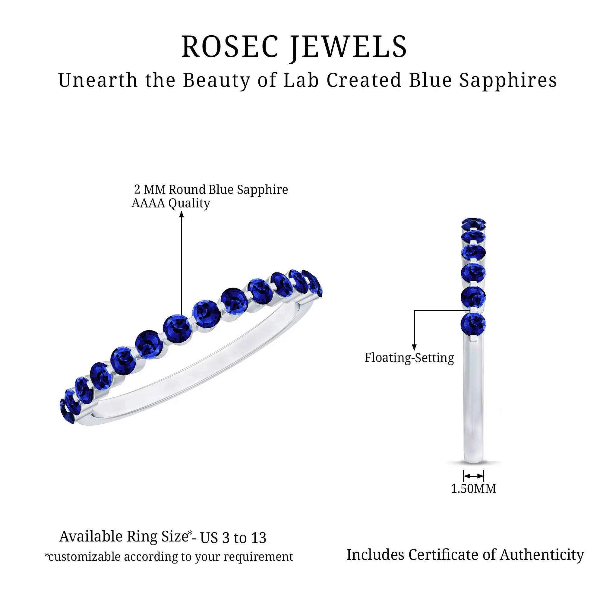 Lab Grown Blue Sapphire Floating Half Eternity Band Ring