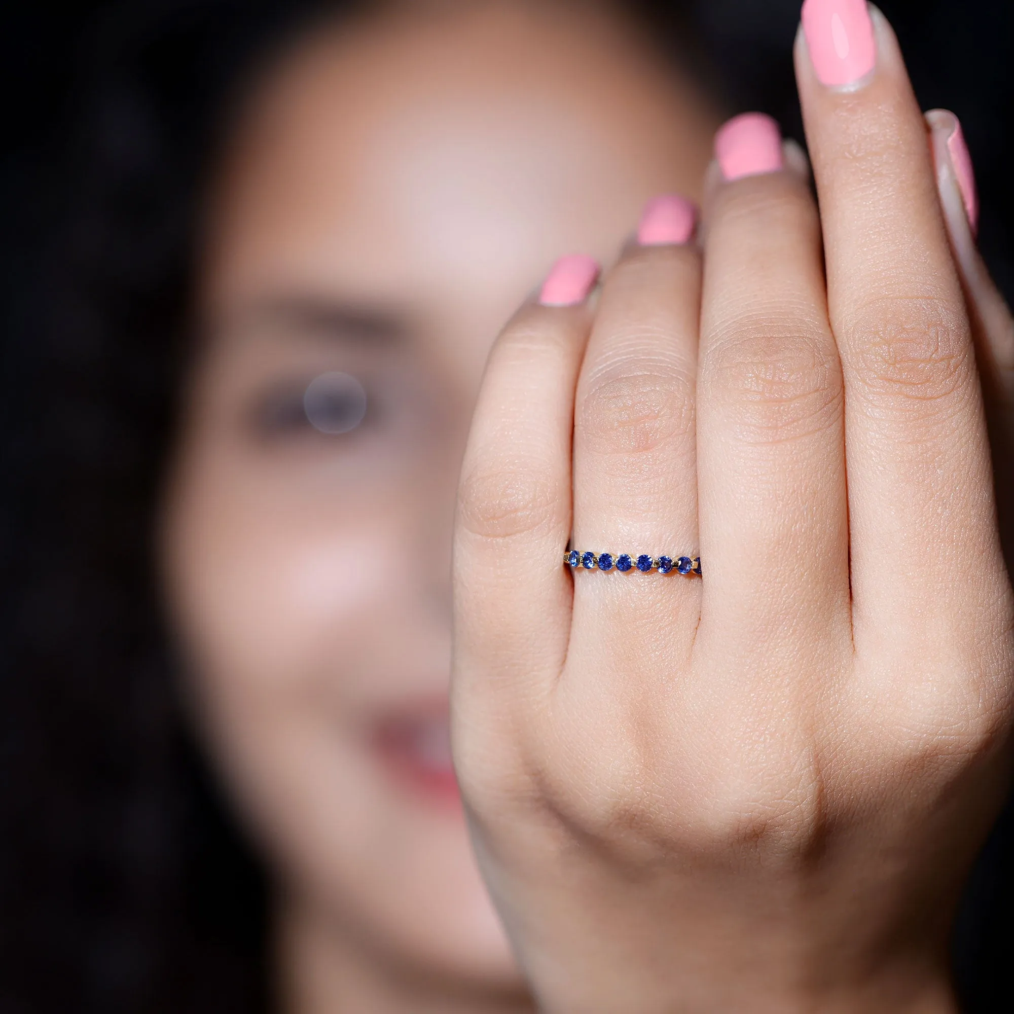 Lab Grown Blue Sapphire Floating Half Eternity Band Ring