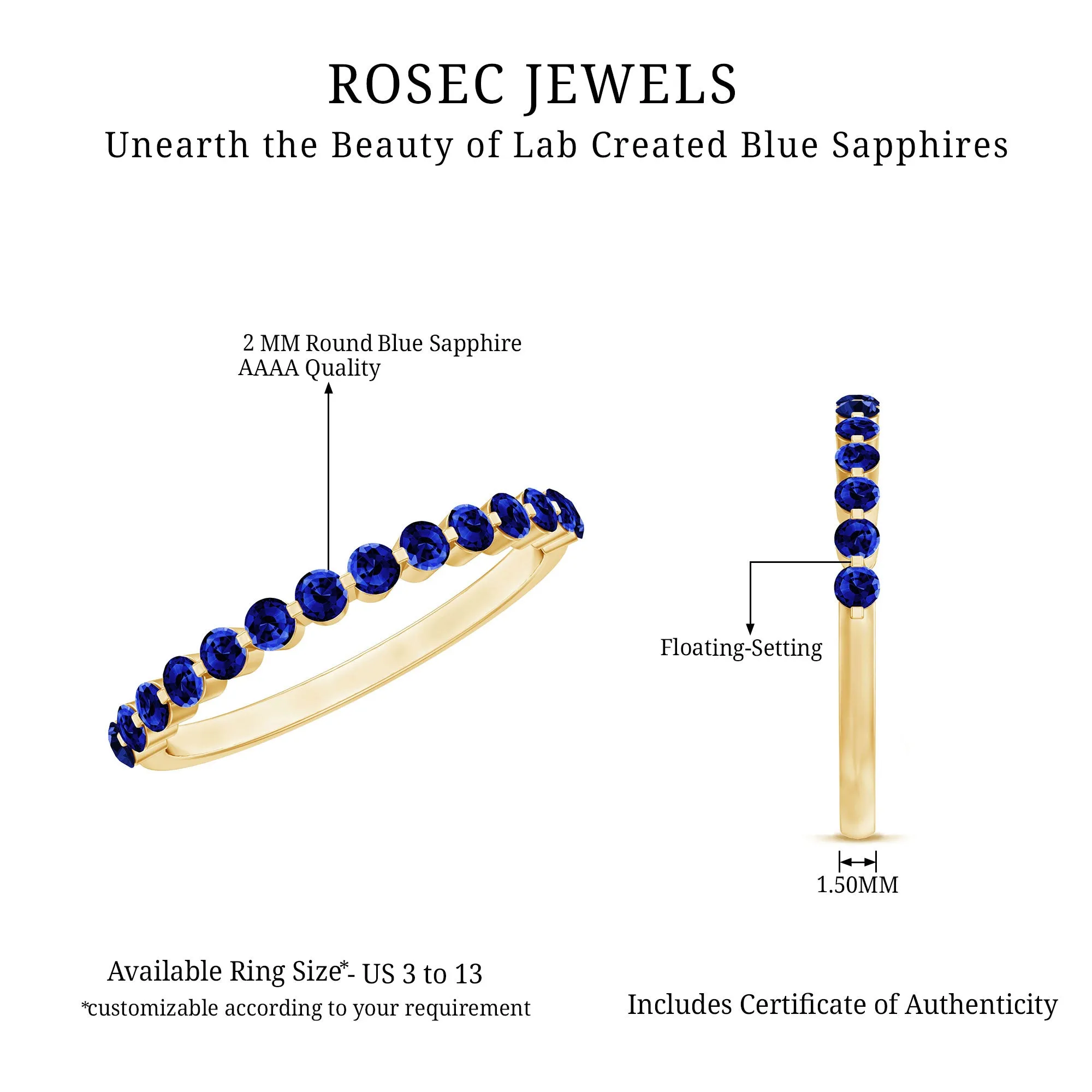 Lab Grown Blue Sapphire Floating Half Eternity Band Ring