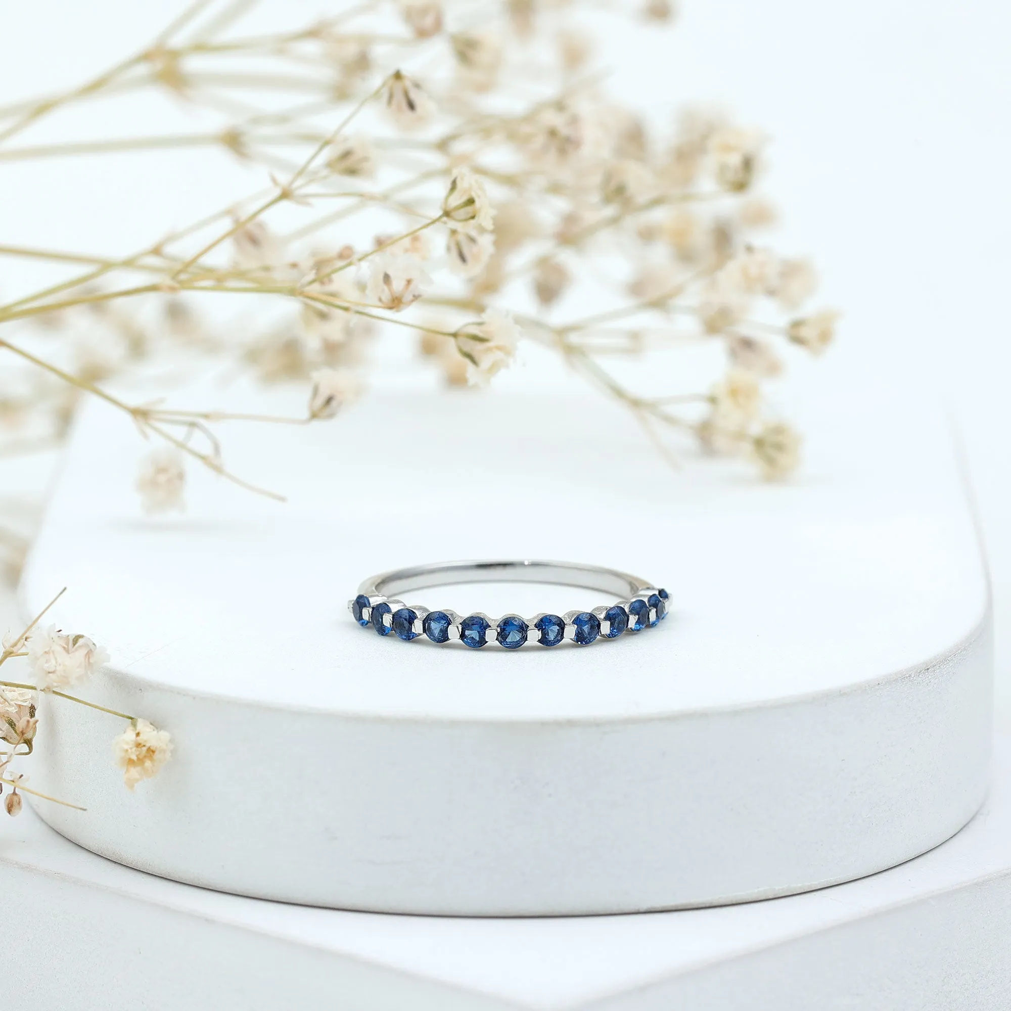 Lab Grown Blue Sapphire Floating Half Eternity Band Ring