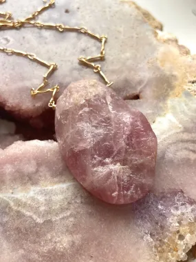Large Raw Rose Quartz Statement Crystal Necklace Gold Filled