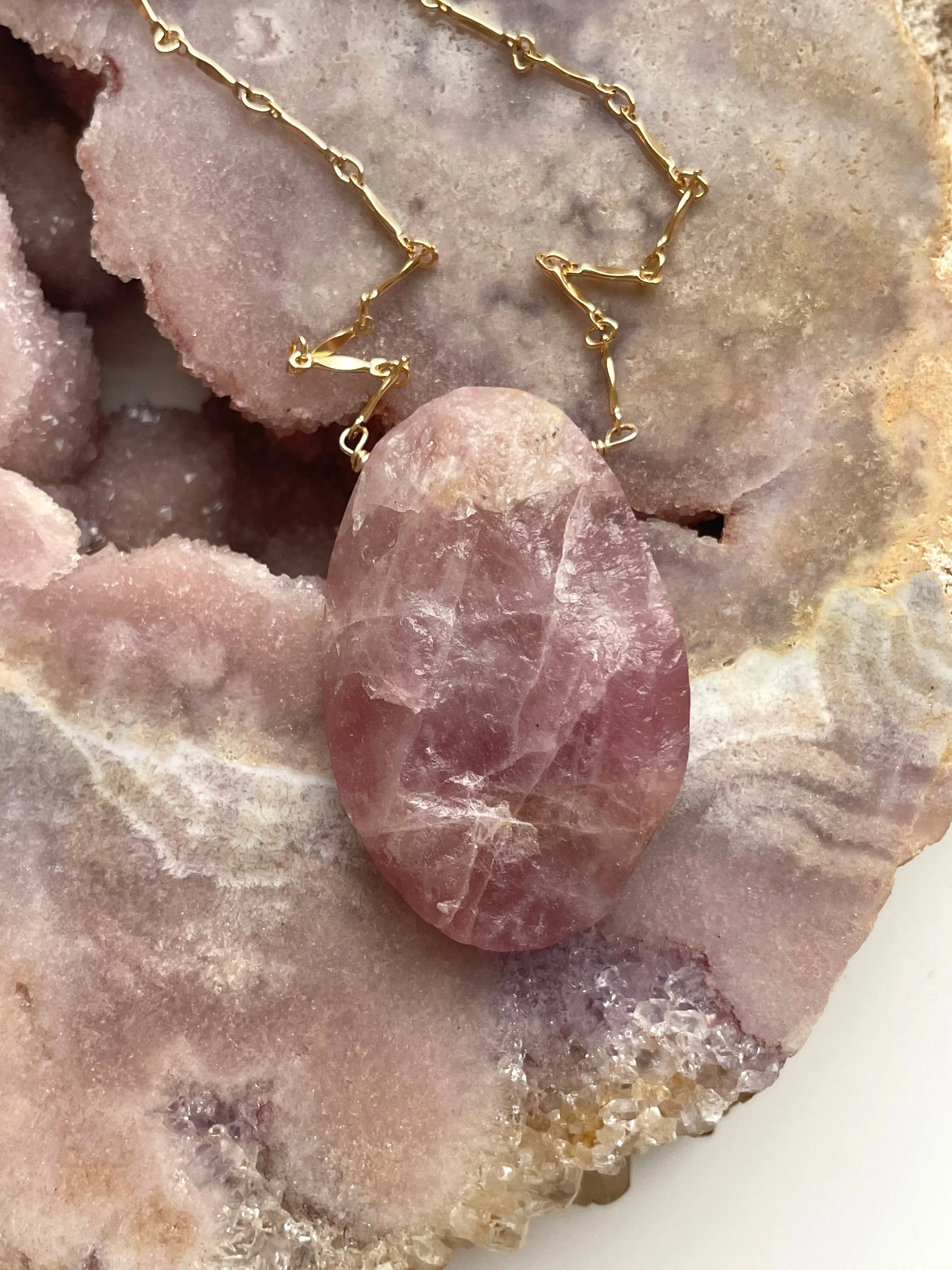 Large Raw Rose Quartz Statement Crystal Necklace Gold Filled