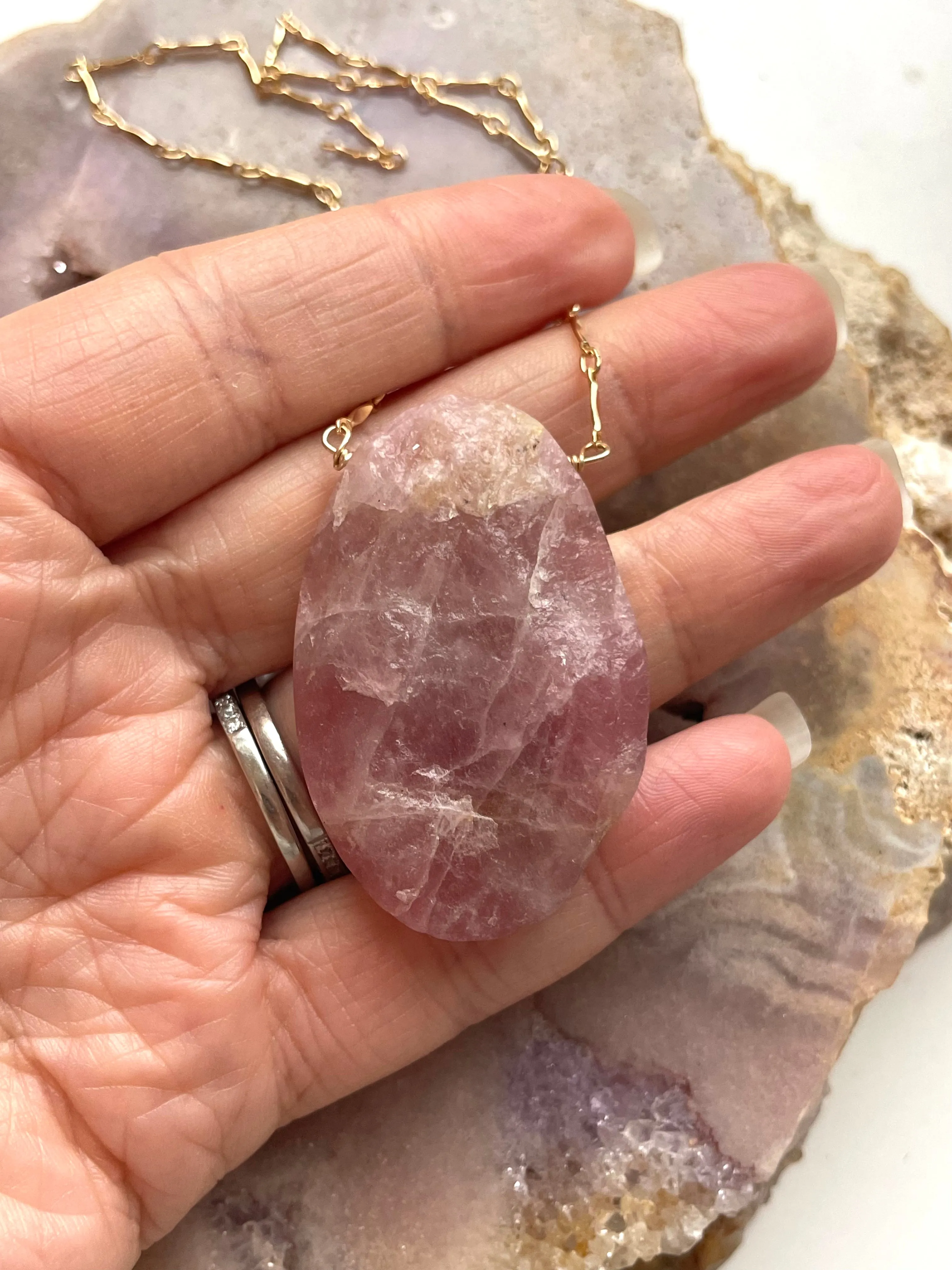 Large Raw Rose Quartz Statement Crystal Necklace Gold Filled