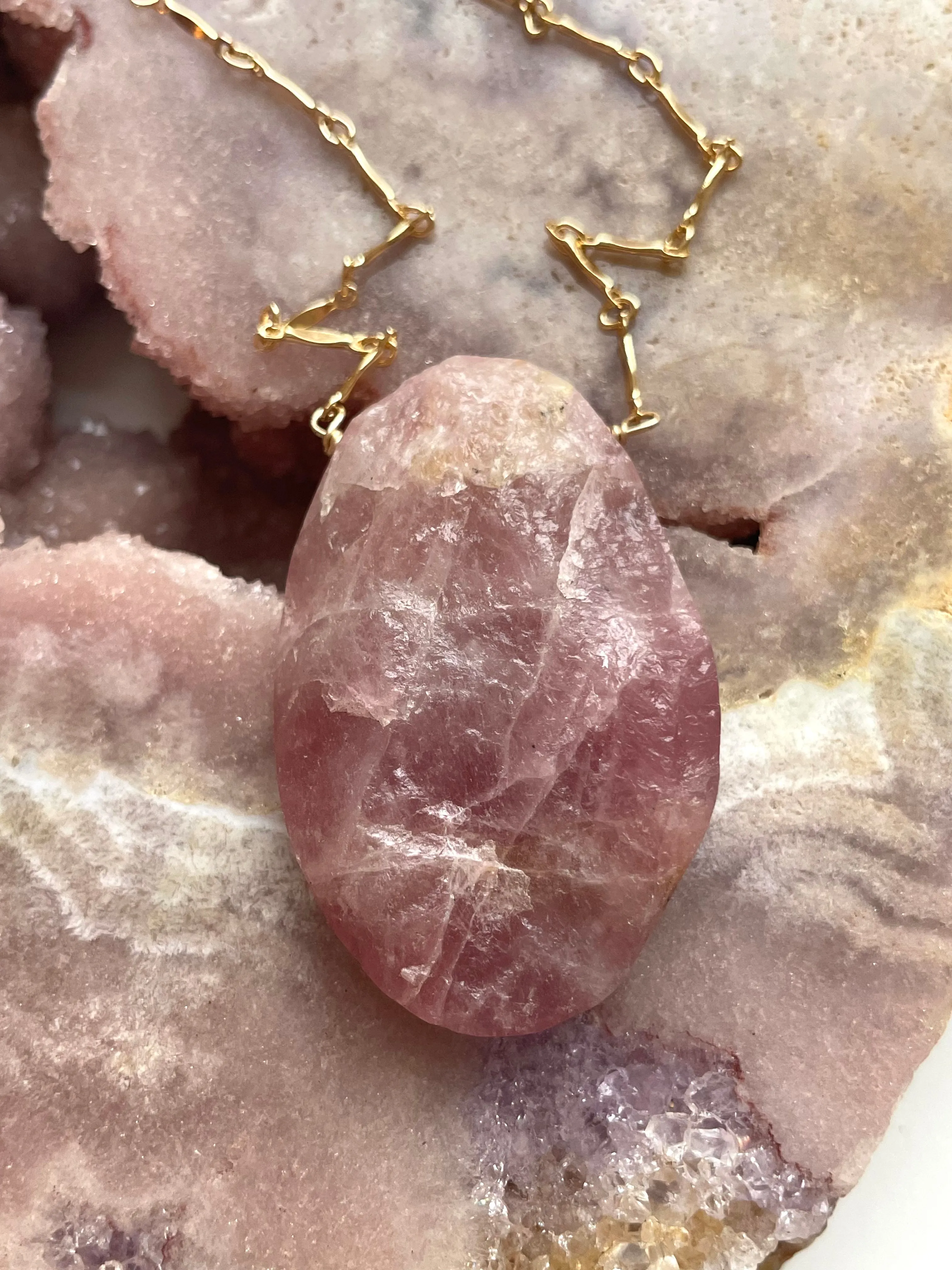 Large Raw Rose Quartz Statement Crystal Necklace Gold Filled