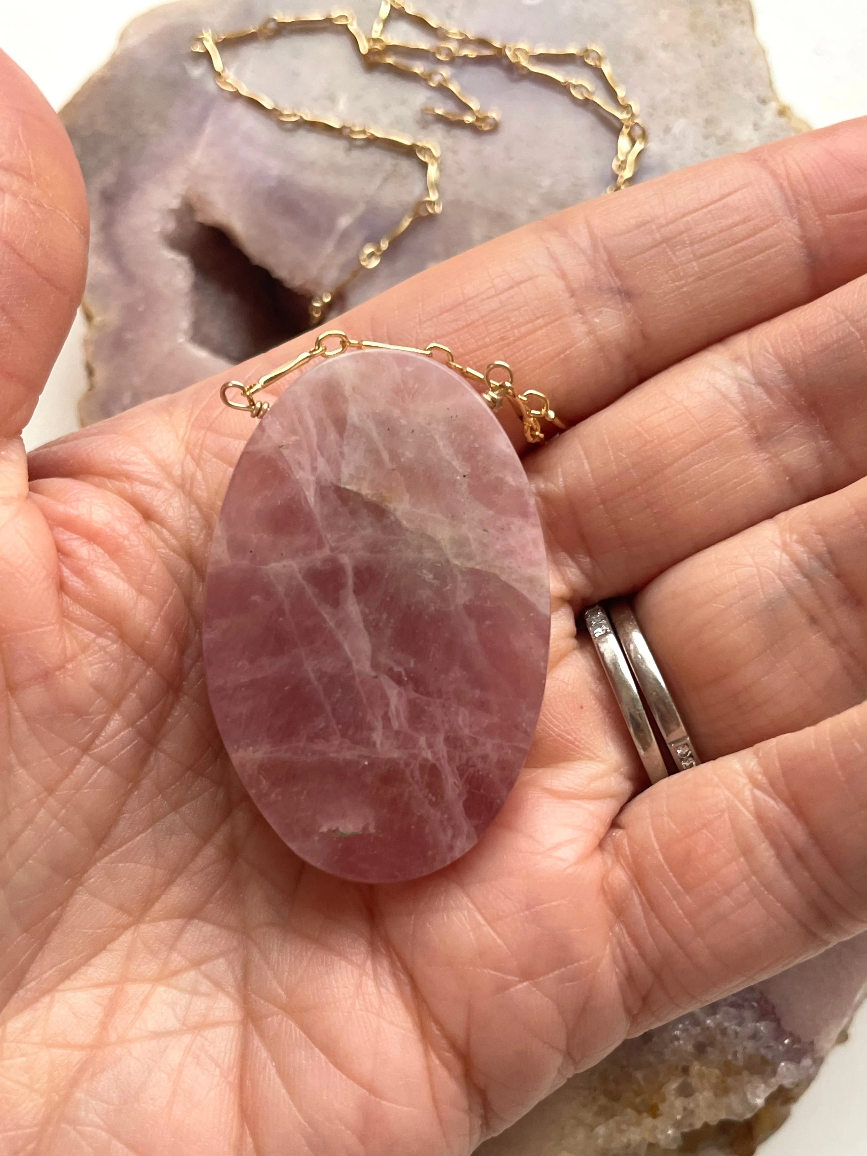 Large Raw Rose Quartz Statement Crystal Necklace Gold Filled