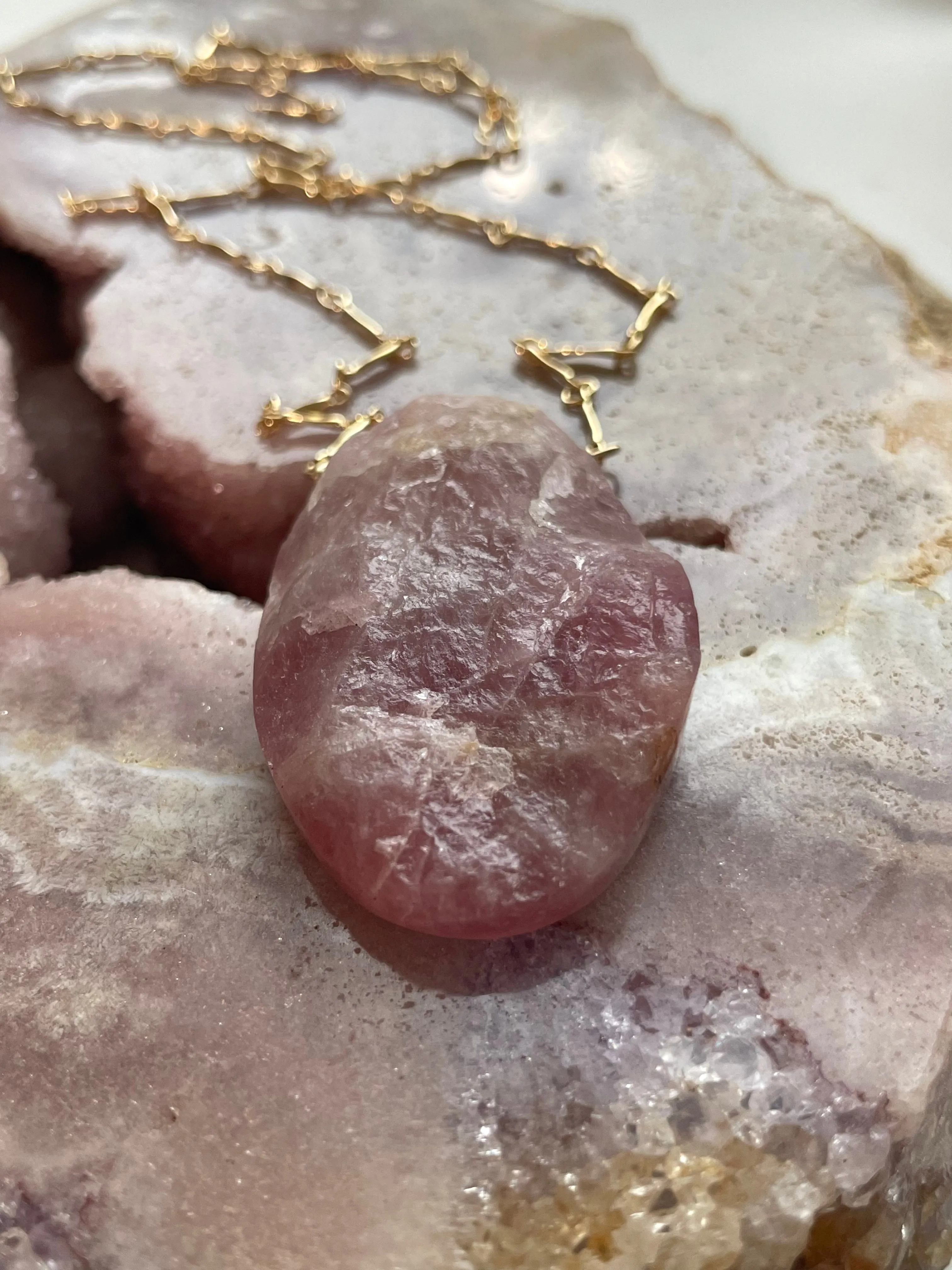 Large Raw Rose Quartz Statement Crystal Necklace Gold Filled