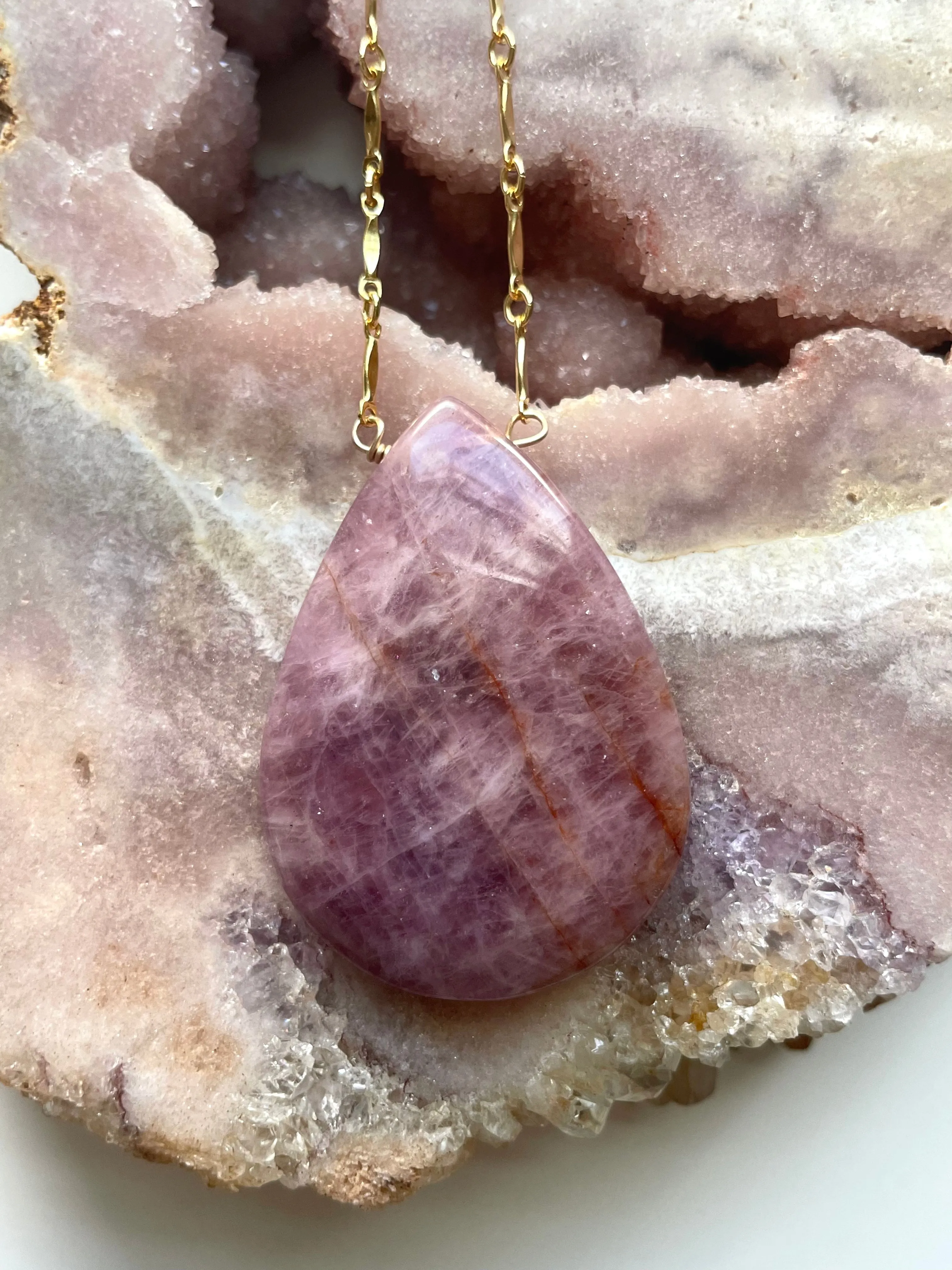 Large Rose Quartz Statement Crystal Necklace Gold Filled