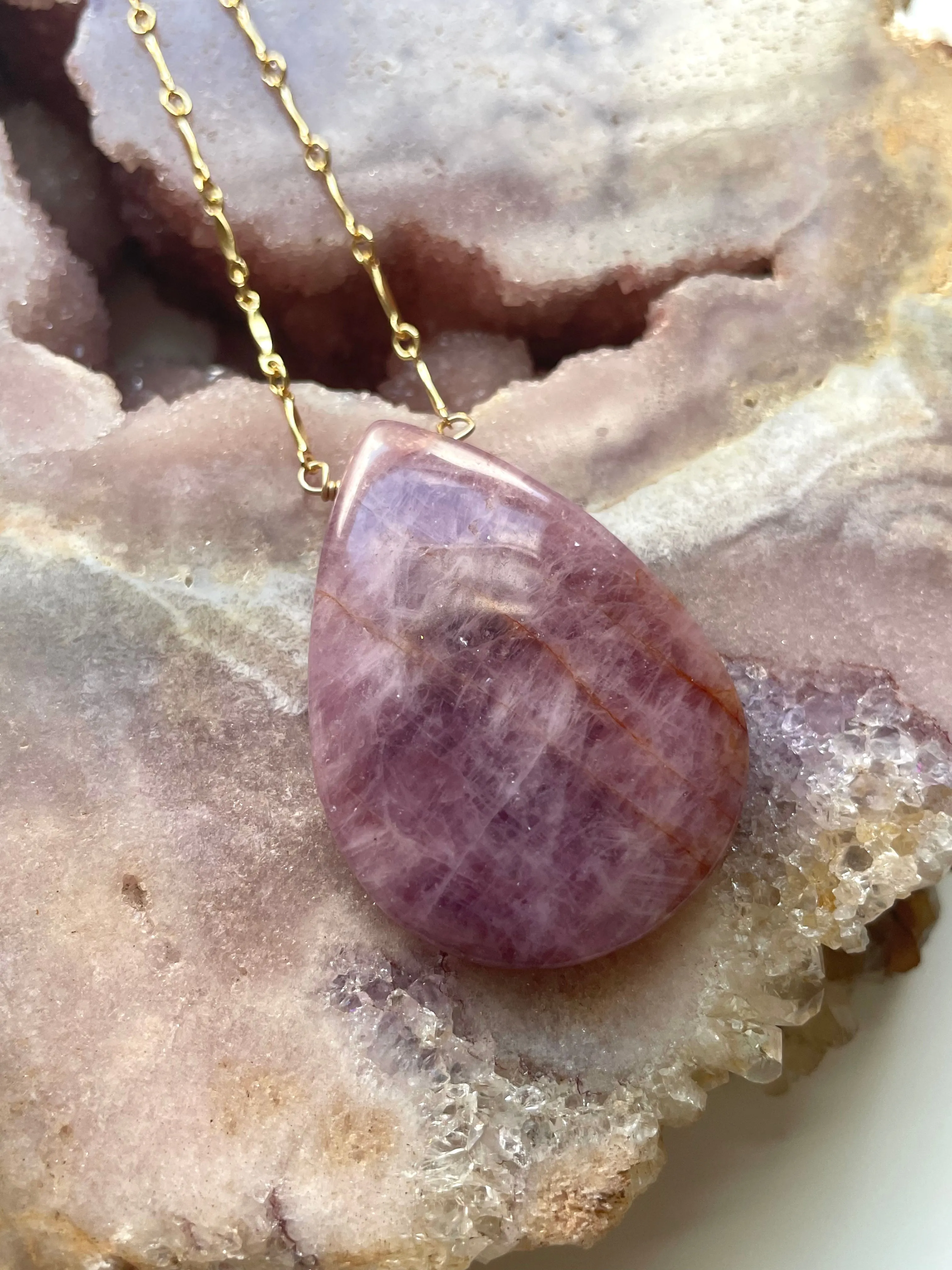 Large Rose Quartz Statement Crystal Necklace Gold Filled