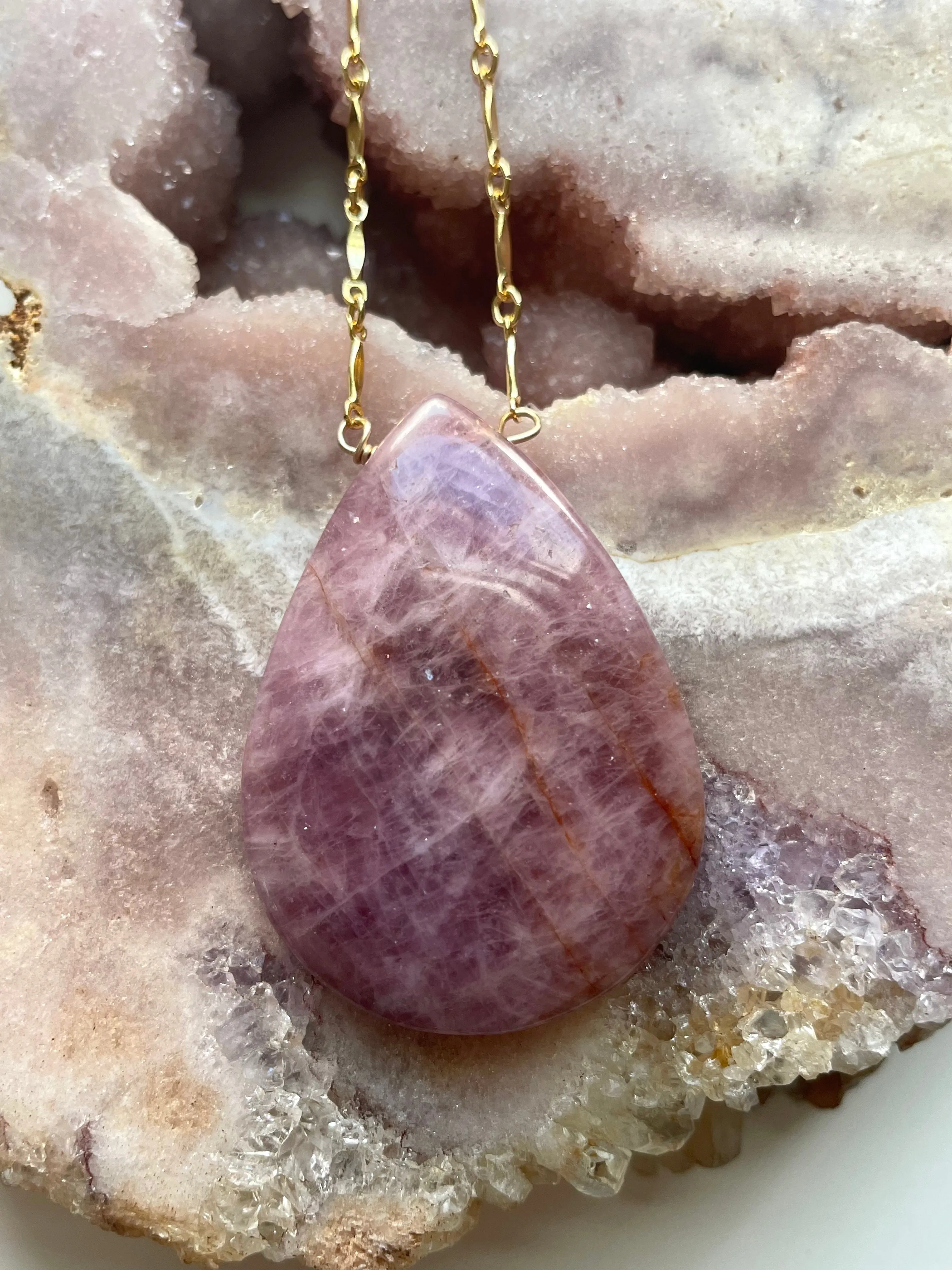 Large Rose Quartz Statement Crystal Necklace Gold Filled