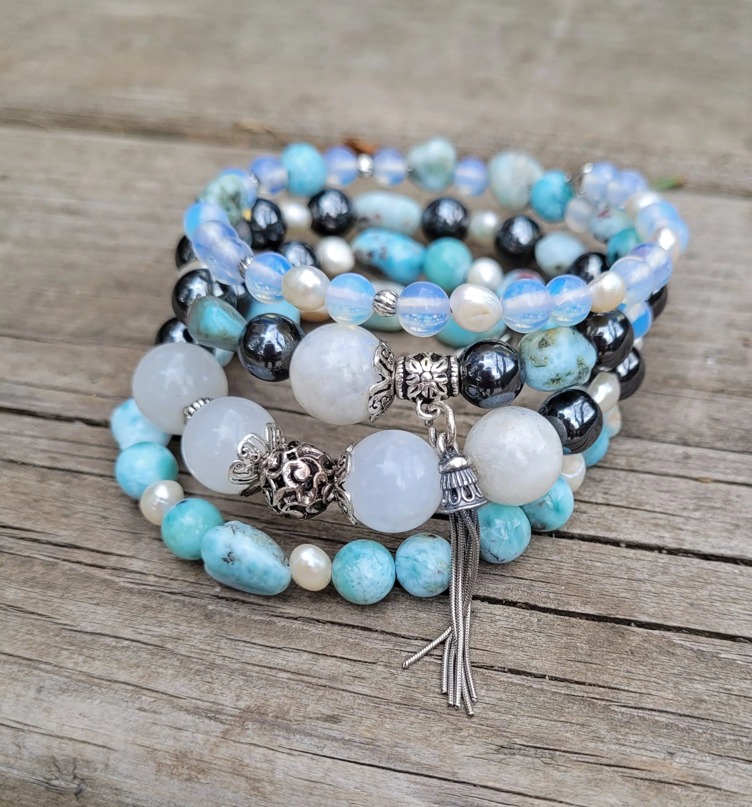 Larimar Bracelet 925 Sterling Silver, Blue Stone Bracelet, Multi Strand Bracelet, Moonstone, Freshwater Pearls, Memory Wire, Gemstone Cuff