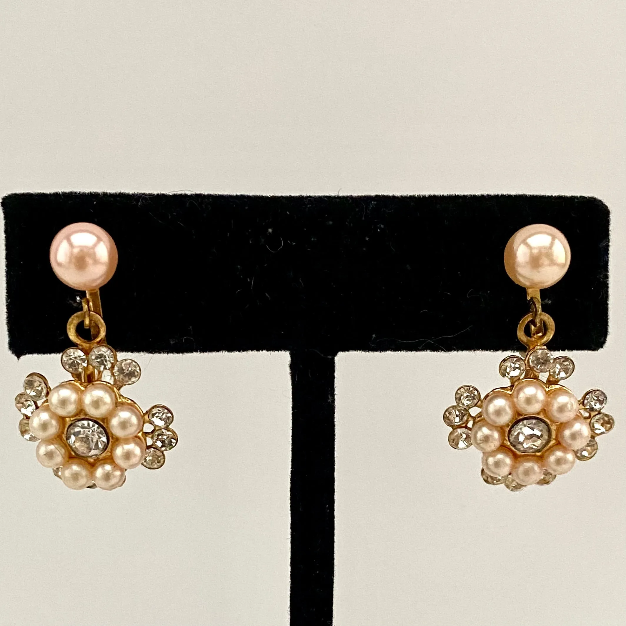 Late 40s/ Early 50s Pearl & Rhinestone Drop Earrings