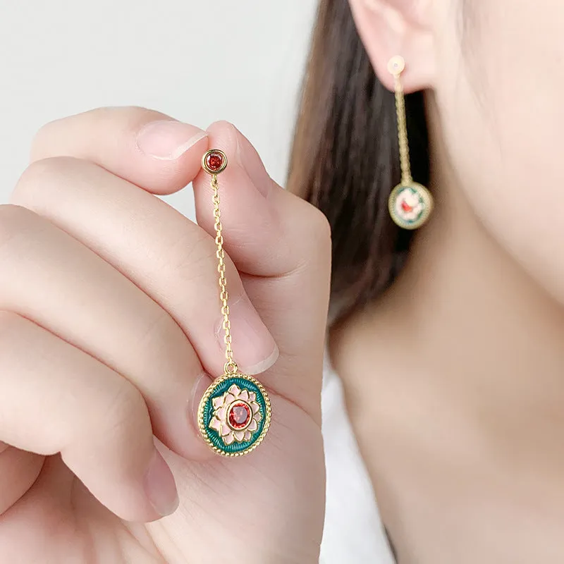Long Tassel Lotus Round Disc Pendant Red Zircon Sterling Silver Drop Earrings