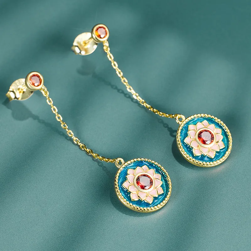 Long Tassel Lotus Round Disc Pendant Red Zircon Sterling Silver Drop Earrings