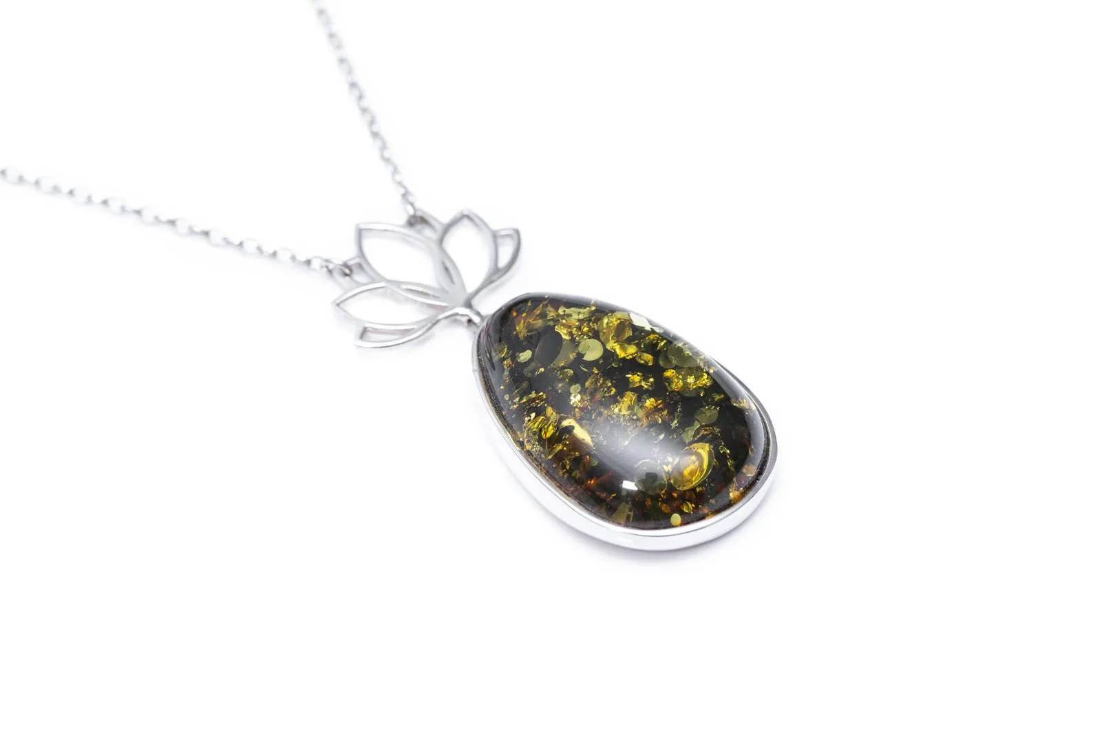 Lotus Motif Midi Green Amber Pendant