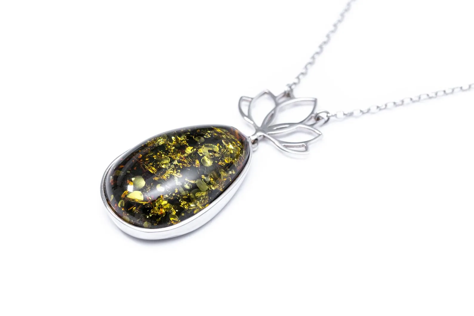 Lotus Motif Midi Green Amber Pendant