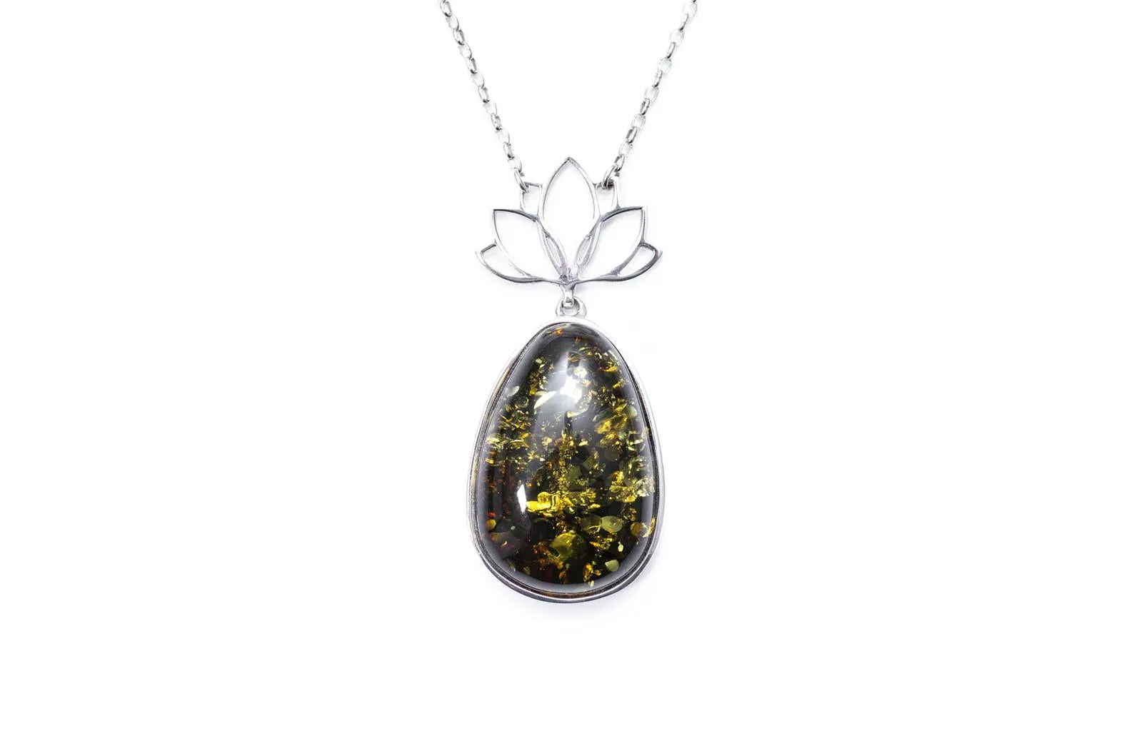 Lotus Motif Midi Green Amber Pendant