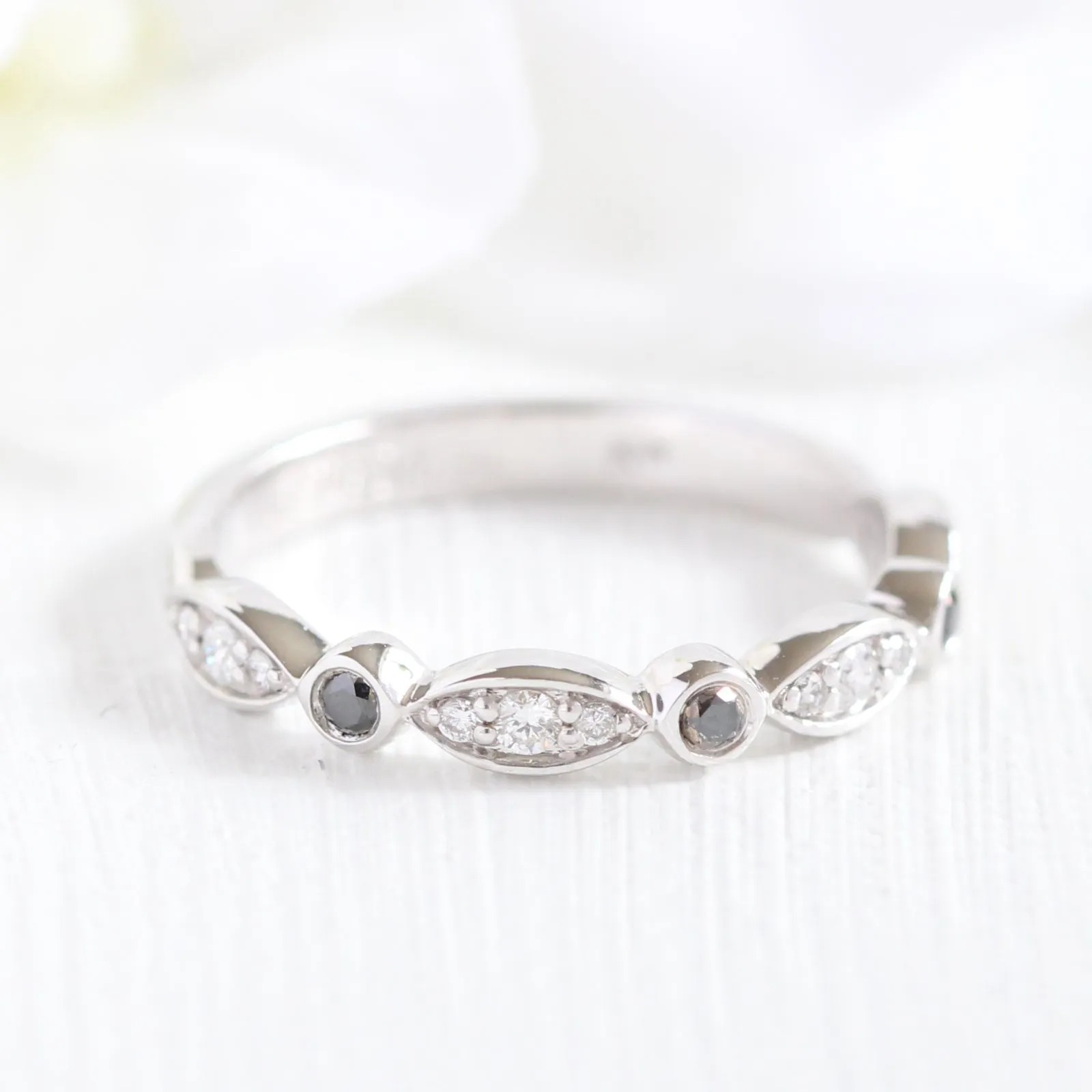 Luna Halo Pear Black Diamond Ring Set w/ Bezel Black and White Diamond Band