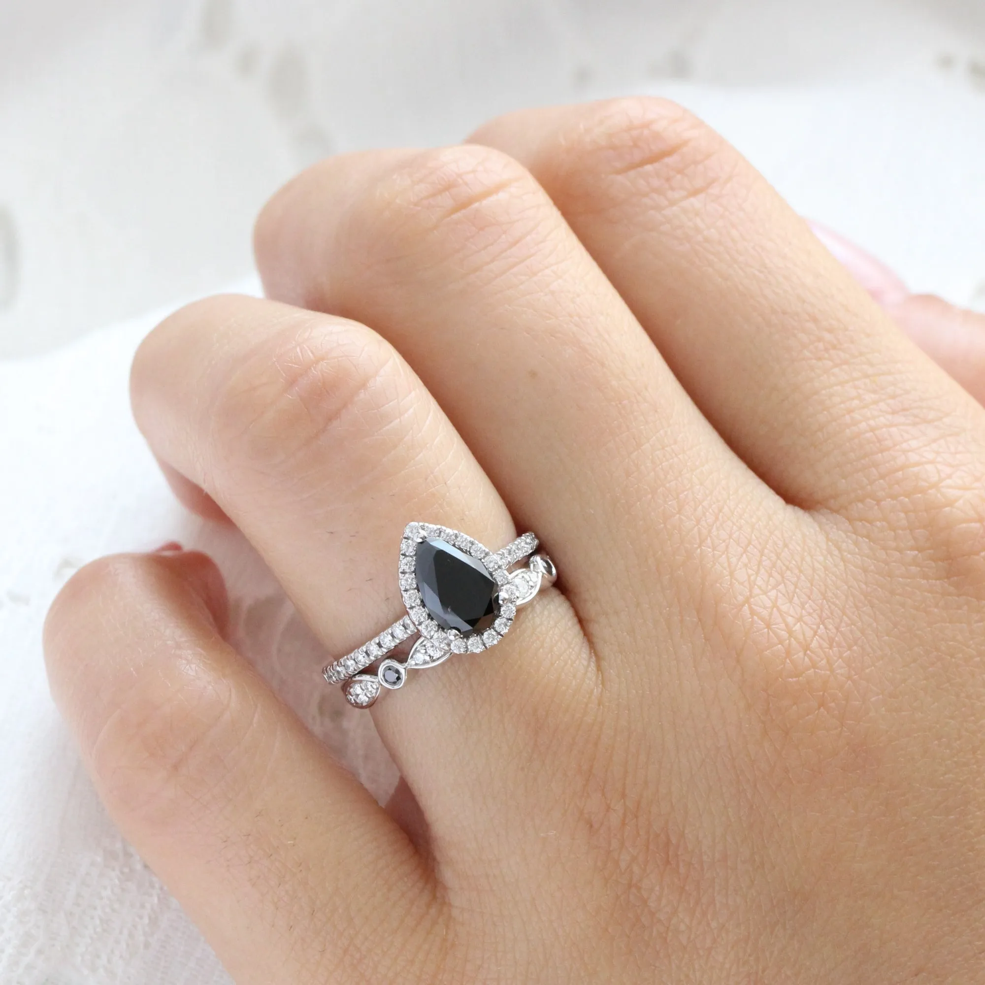 Luna Halo Pear Black Diamond Ring Set w/ Bezel Black and White Diamond Band