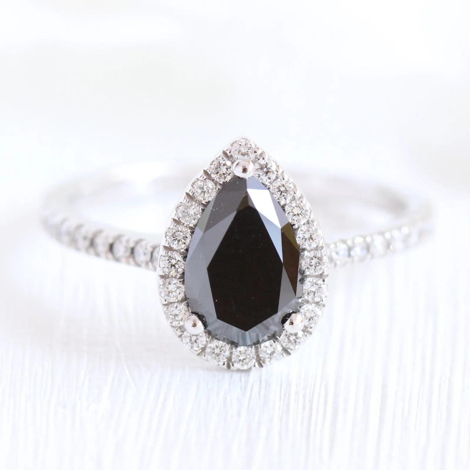 Luna Halo Pear Black Diamond Ring Set w/ Bezel Black and White Diamond Band