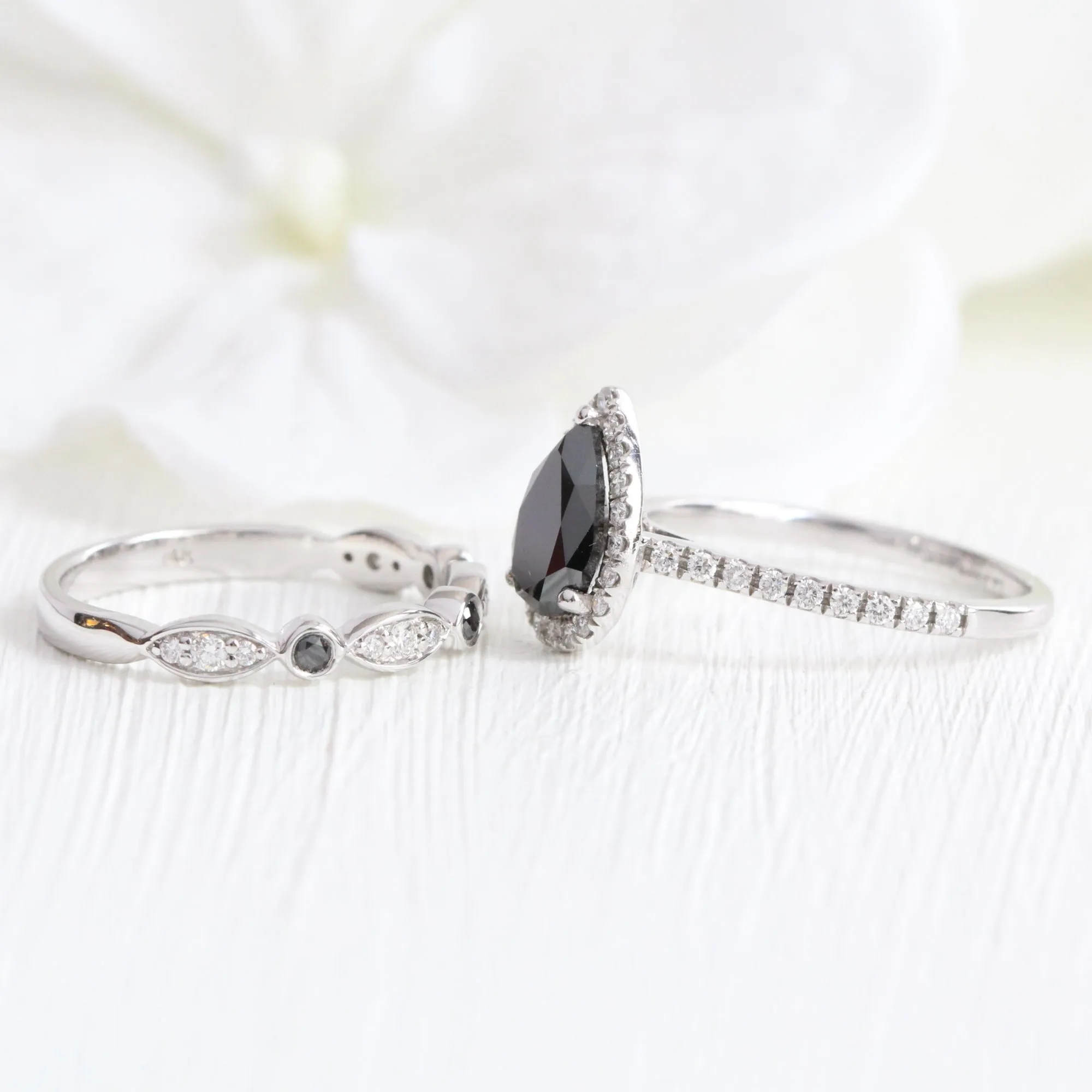 Luna Halo Pear Black Diamond Ring Set w/ Bezel Black and White Diamond Band