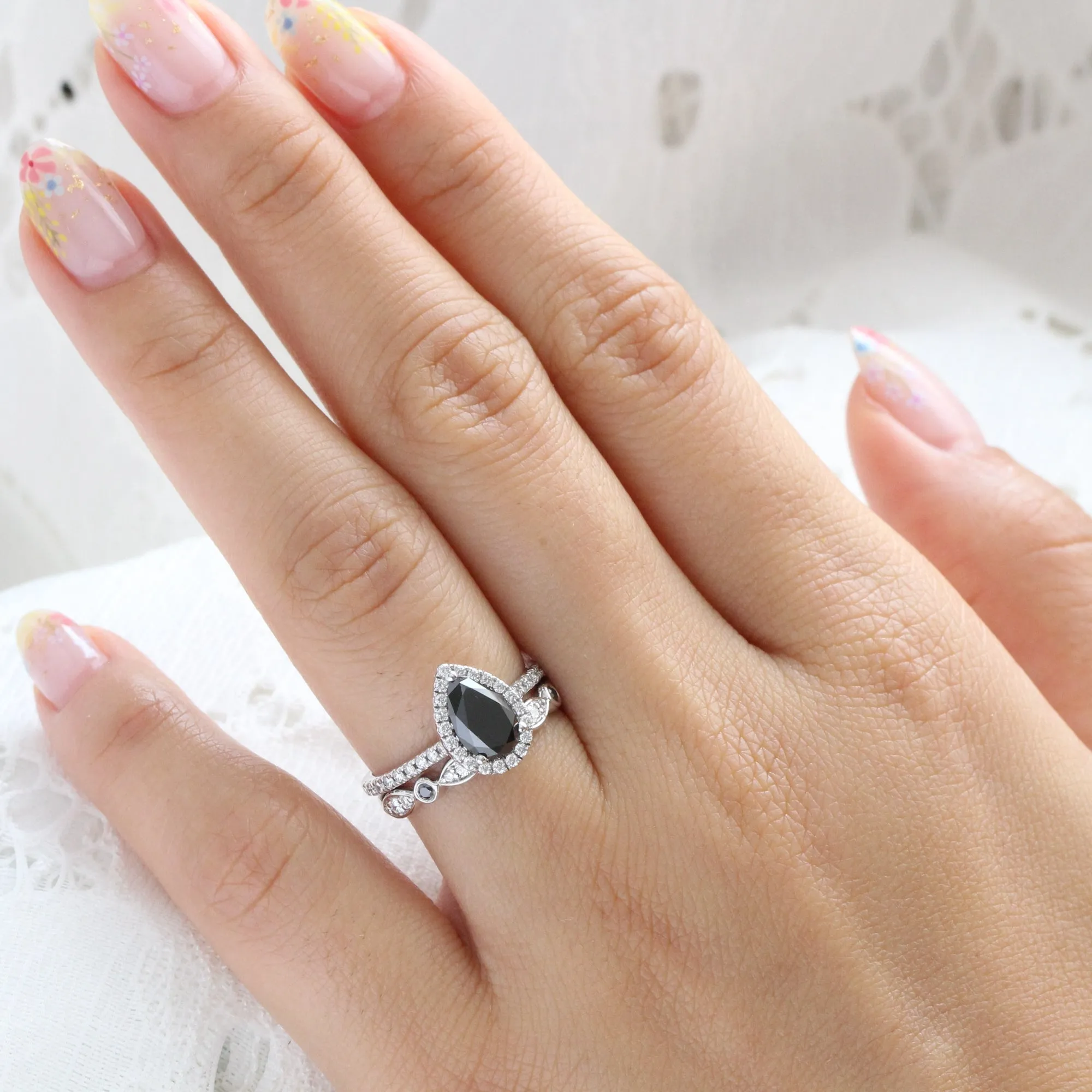Luna Halo Pear Black Diamond Ring Set w/ Bezel Black and White Diamond Band